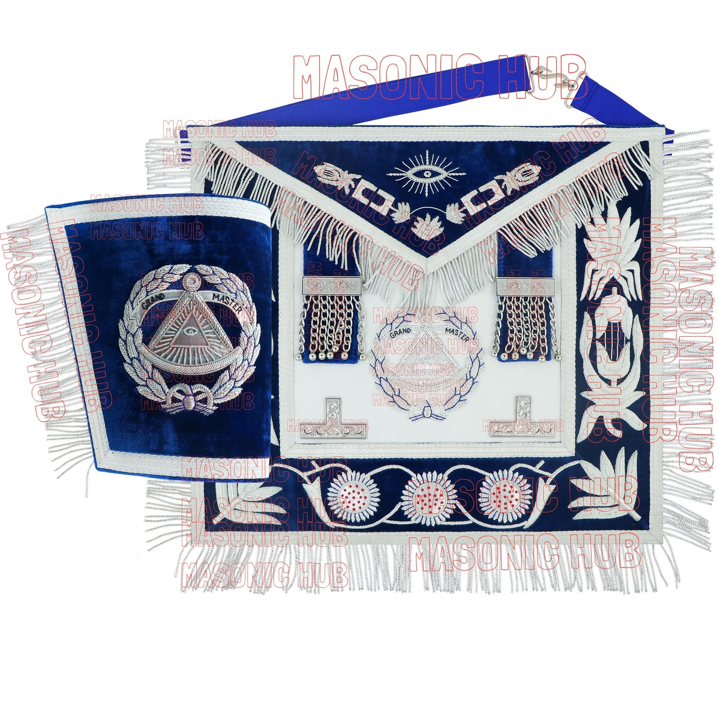 Masonic Grand Master Sheep Apron & Cuff w/ Compass & Square, Eye, Laurel Wreath