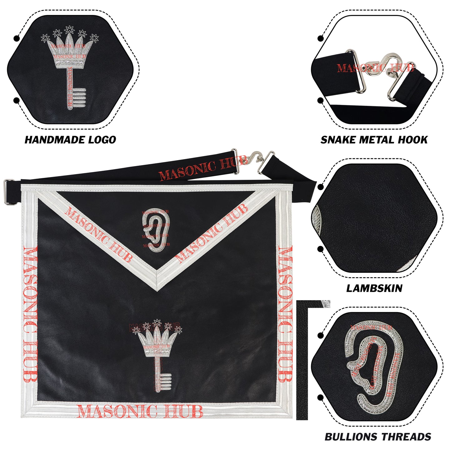 AMD Allied Masonic Degree Secret Monitor Apron - 100% Lambskin, Hand-Embroidered Freemason Regalia