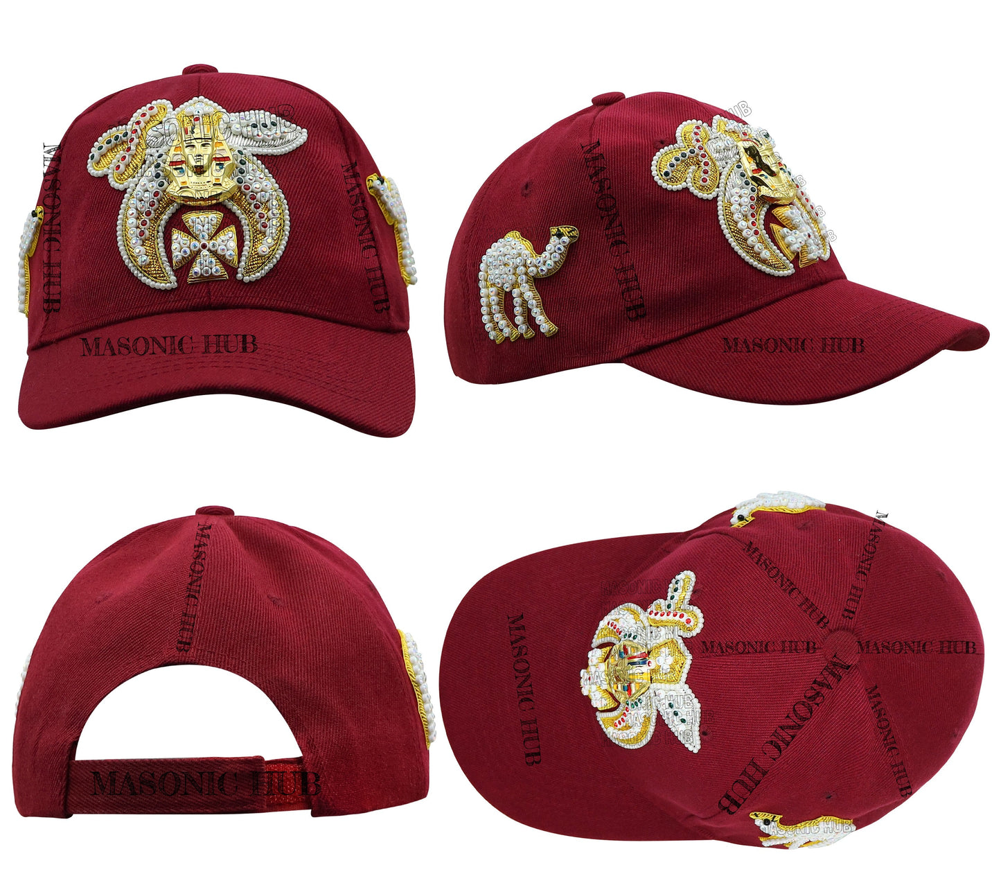 Masonic Shriner Maroon Cap – Handcrafted with Lotus Emblem, Rhinestones & Camel