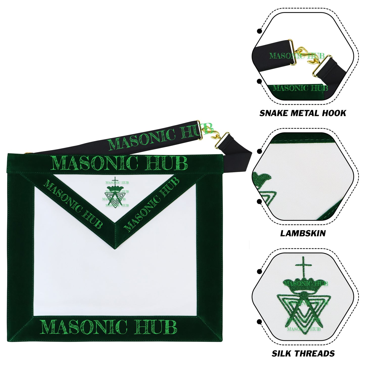 Allied Masonic Degrees (AMD) Member Apron – Dark Green Velvet Border – Freemason