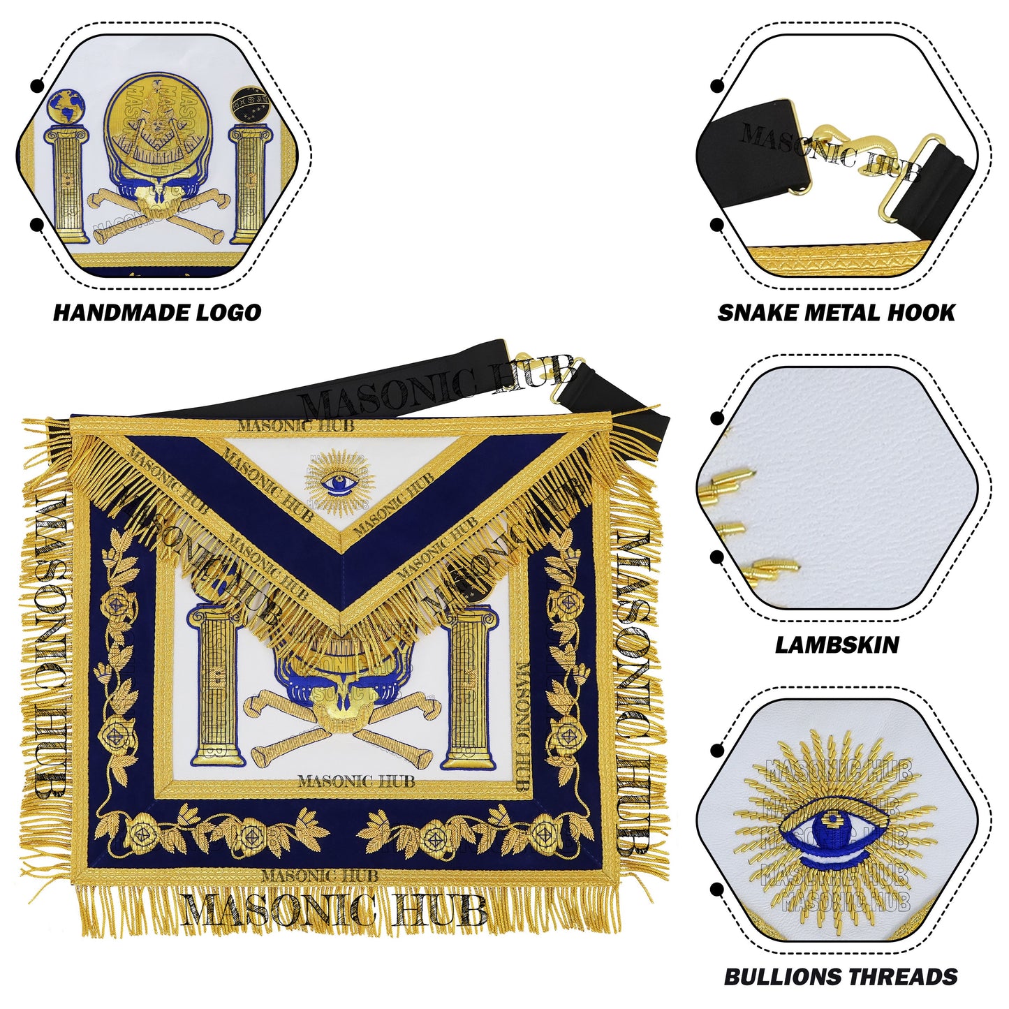 Past Master Skull & Cross Bones 100% Lambskin Masonic Apron - Handcrafted
