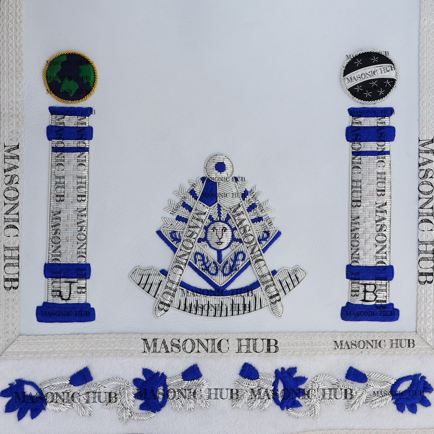 Past Master Lambskin Apron with Sunburst Emblem, Pillars, Silver Bullion Fringe & Eye Flap – Masonic Hub