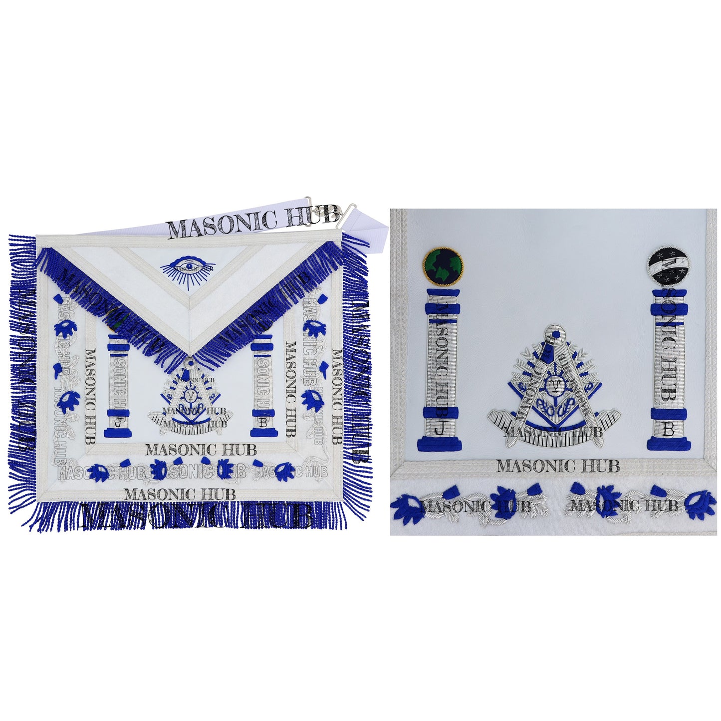 Past Master Lambskin Apron with Sunburst Emblem, Pillars, Silver Bullion Fringe & Eye Flap – Masonic Hub