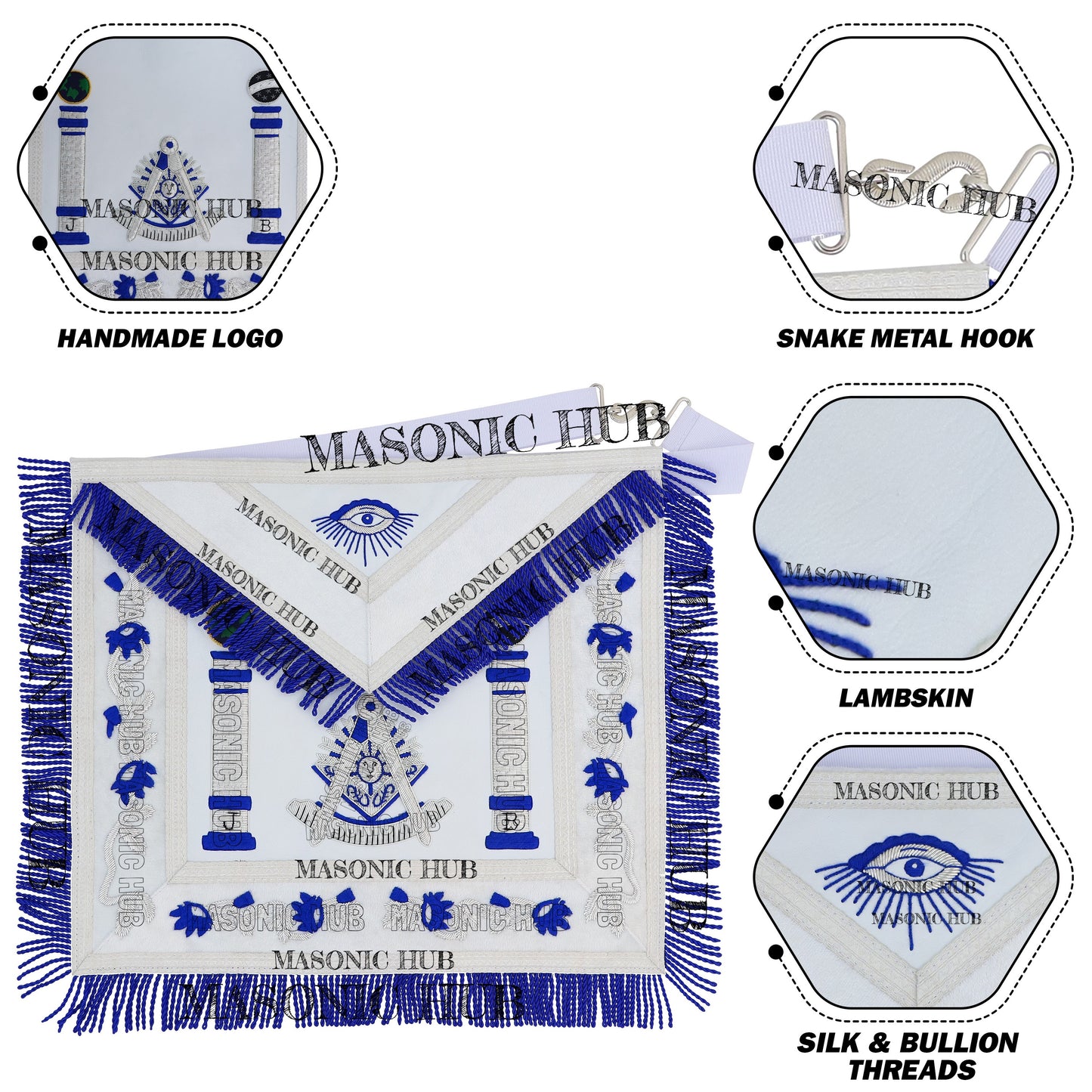 Past Master Lambskin Apron with Sunburst Emblem, Pillars, Silver Bullion Fringe & Eye Flap – Masonic Hub