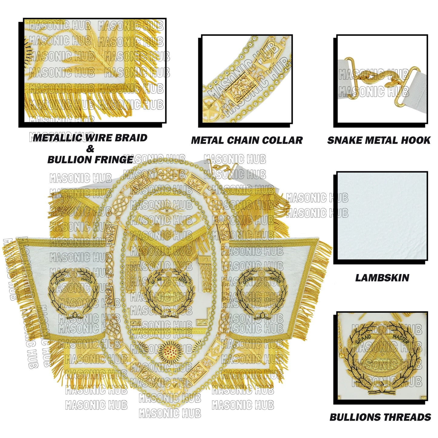 Masonic Regalia Grand Master 100% LAMBSKIN APRON With Chain Collar & Gauntlets