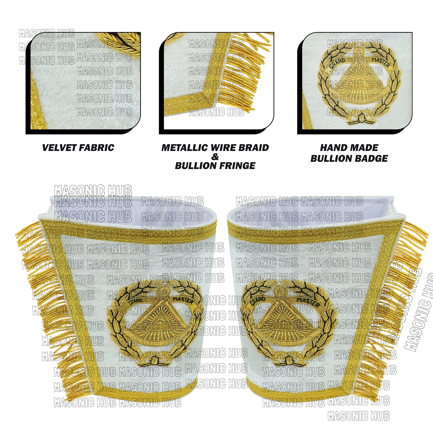 Handcrafted Masonic Regalia Grand Master Gauntlets Cuffs Embroidered with Fringe