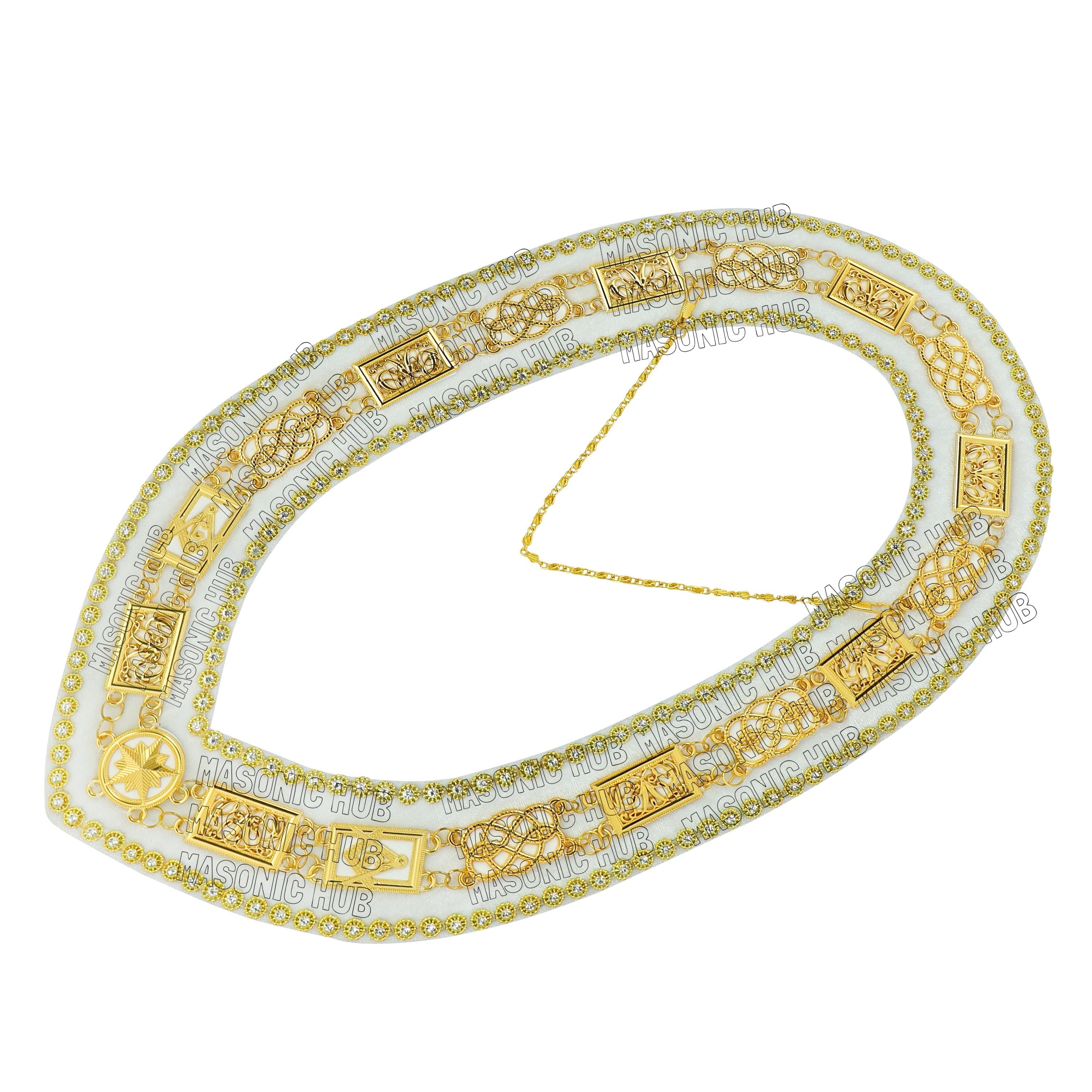 Masonic Grand Lodge Past Master Metal Chain Collar White Backing With Rhinestones & White Sheet Masonic Hub