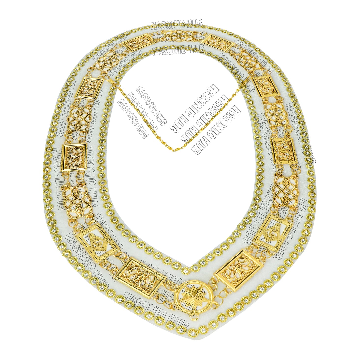 Masonic Grand Lodge Past Master Metal Chain Collar White Backing With Rhinestones & White Sheet