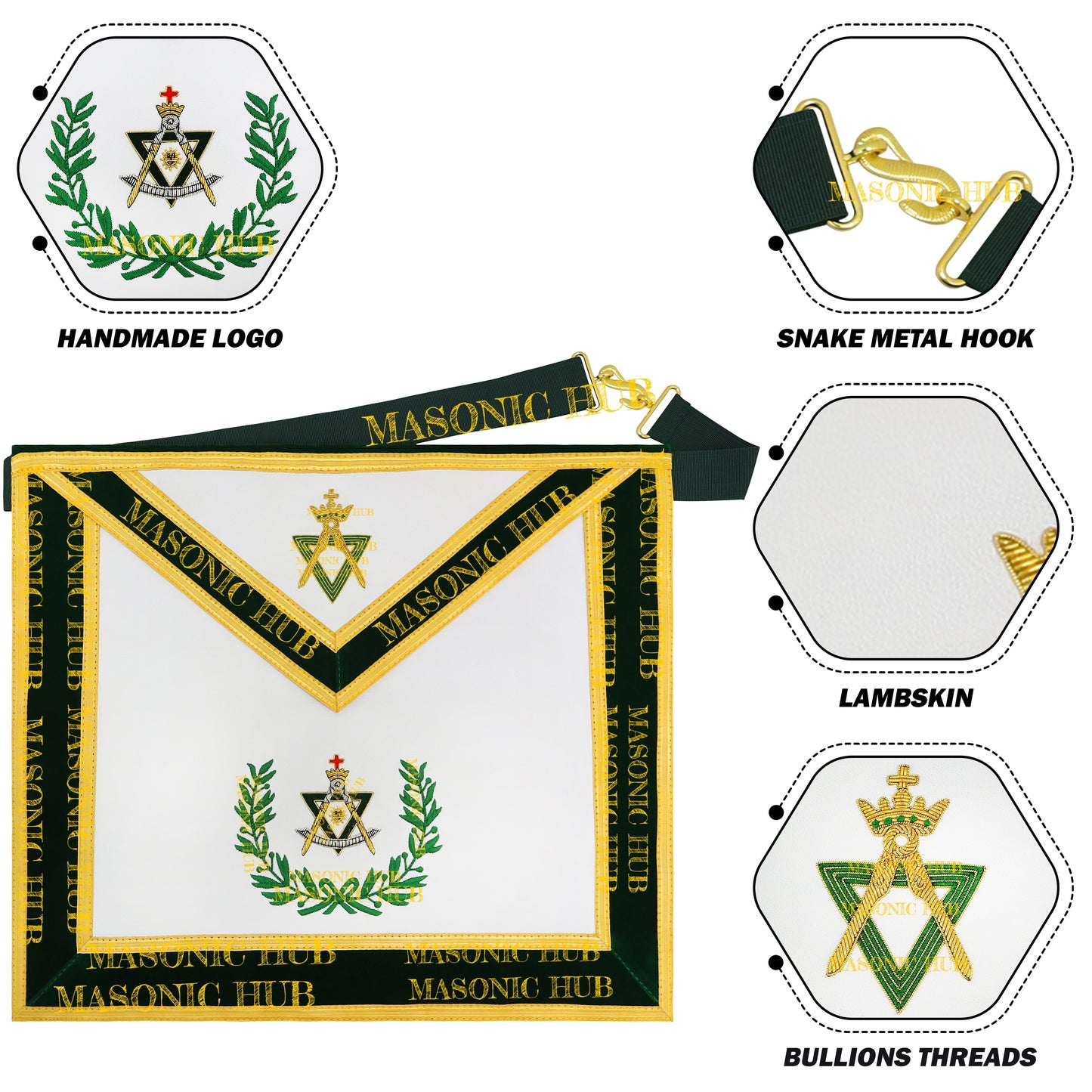 Sovereign Master Allied Masonic Degrees Apron -Lambskin, Green Velvet, Gold Trim