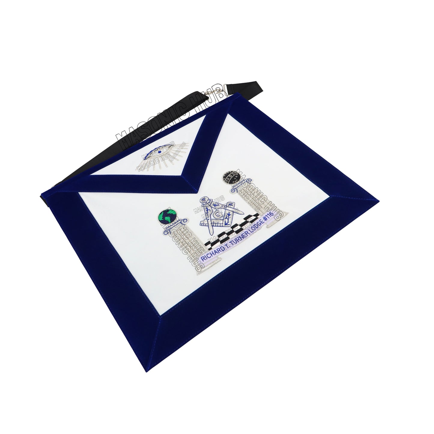 Hand-Embroidered Masonic Master Mason Apron Blue Velvet Trim, Custom Lodge Name