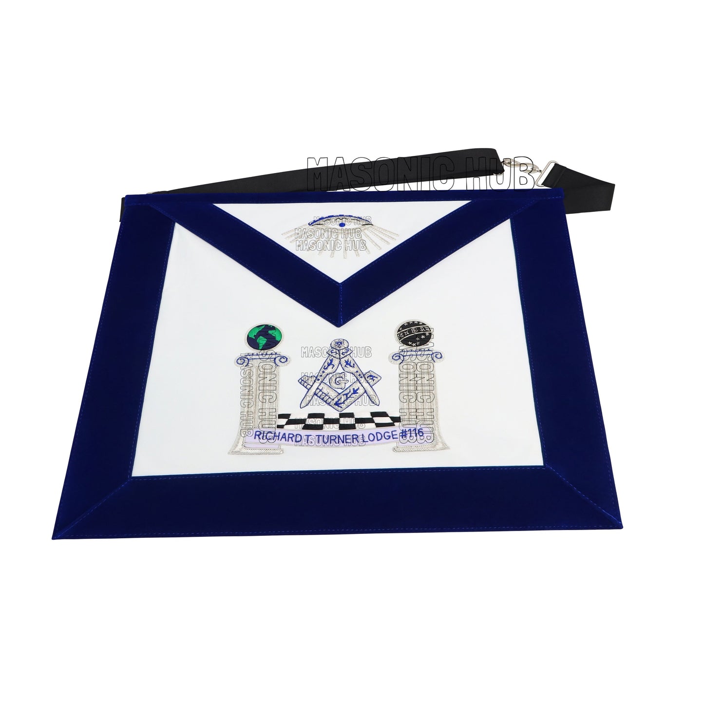 Hand-Embroidered Masonic Master Mason Apron Blue Velvet Trim, Custom Lodge Name