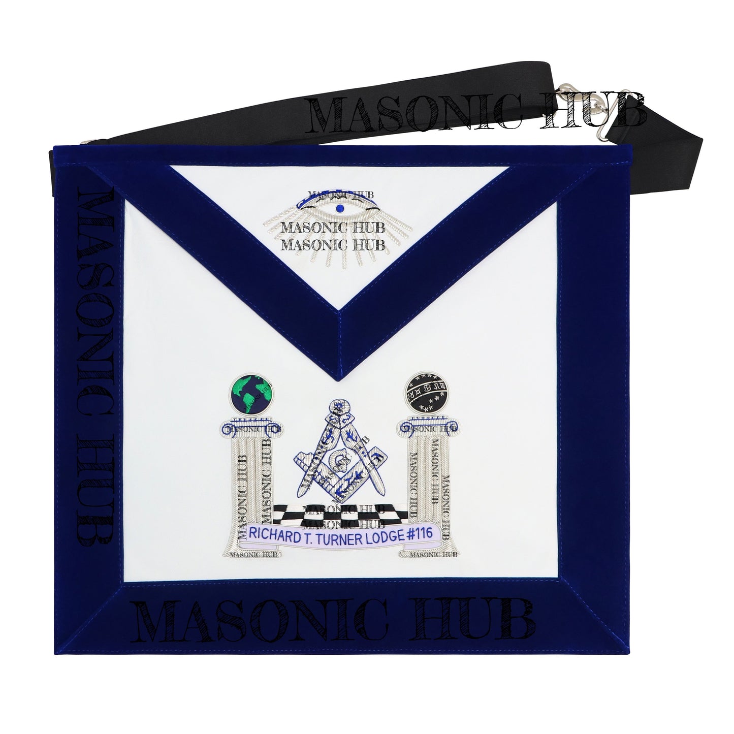 Hand-Embroidered Masonic Master Mason Apron Blue Velvet Trim, Custom Lodge Name