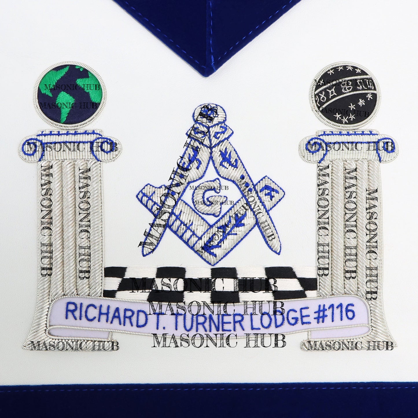 Hand-Embroidered Masonic Master Mason Apron Blue Velvet Trim, Custom Lodge Name