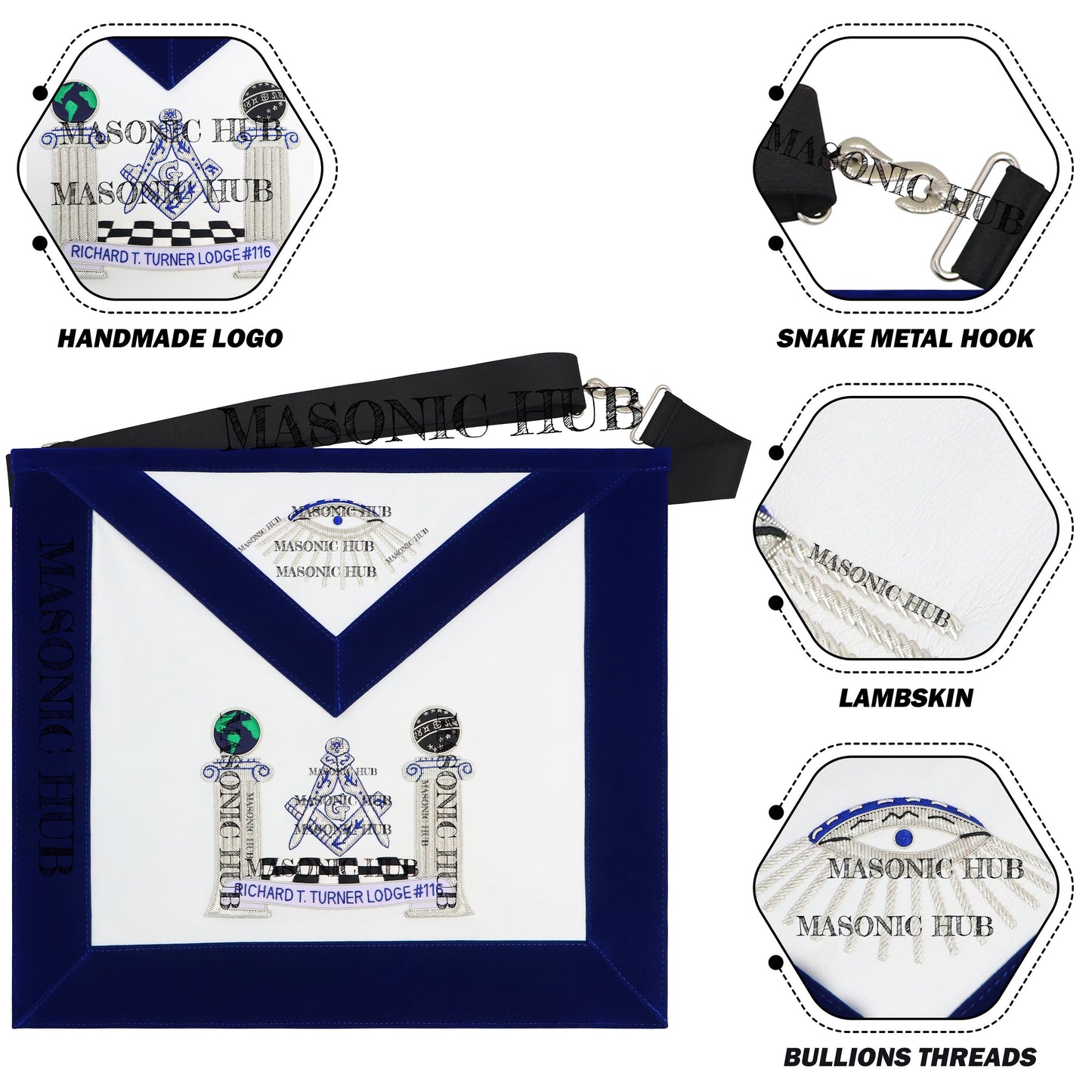 Hand-Embroidered Masonic Master Mason Apron Blue Velvet Trim, Custom Lodge Name