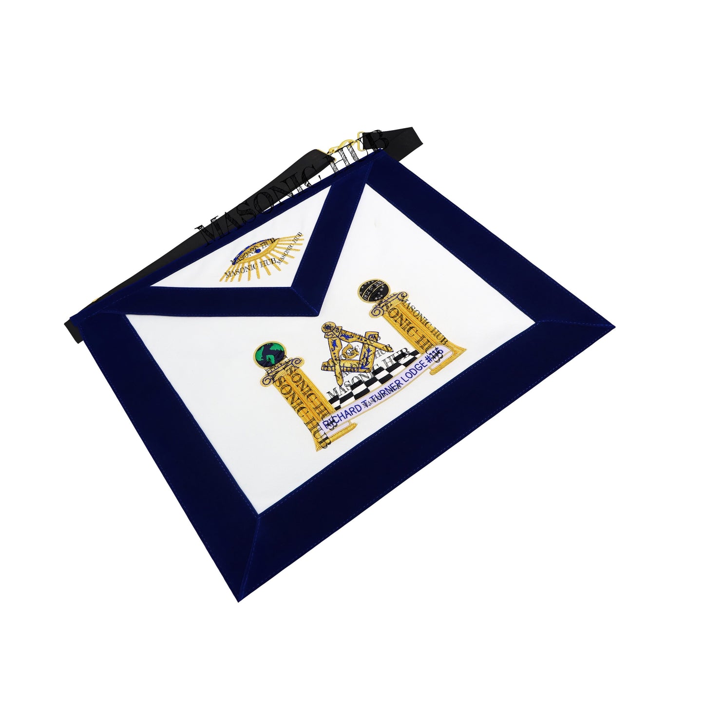 Hand-Embroidered Masonic Master Mason Apron Blue Velvet Trim, Custom Lodge Name