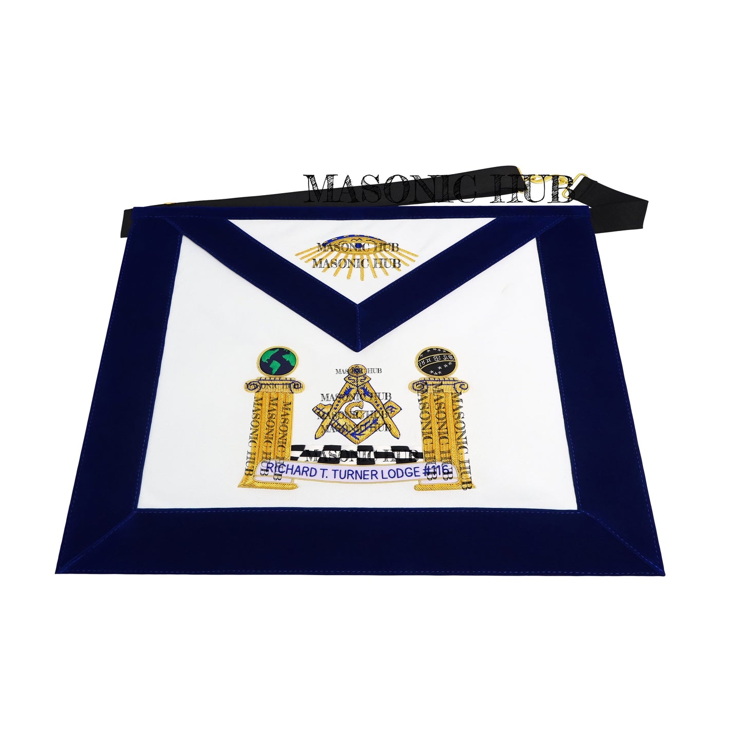 Hand-Embroidered Masonic Master Mason Apron Blue Velvet Trim, Custom Lodge Name