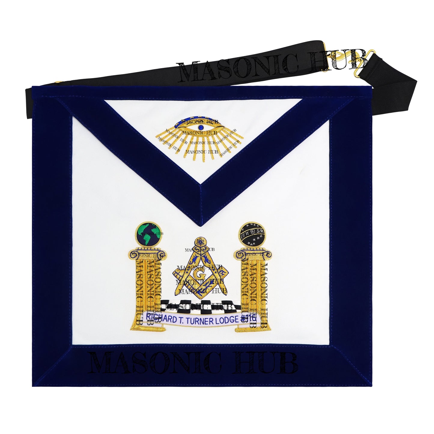 Hand-Embroidered Masonic Master Mason Apron Blue Velvet Trim, Custom Lodge Name