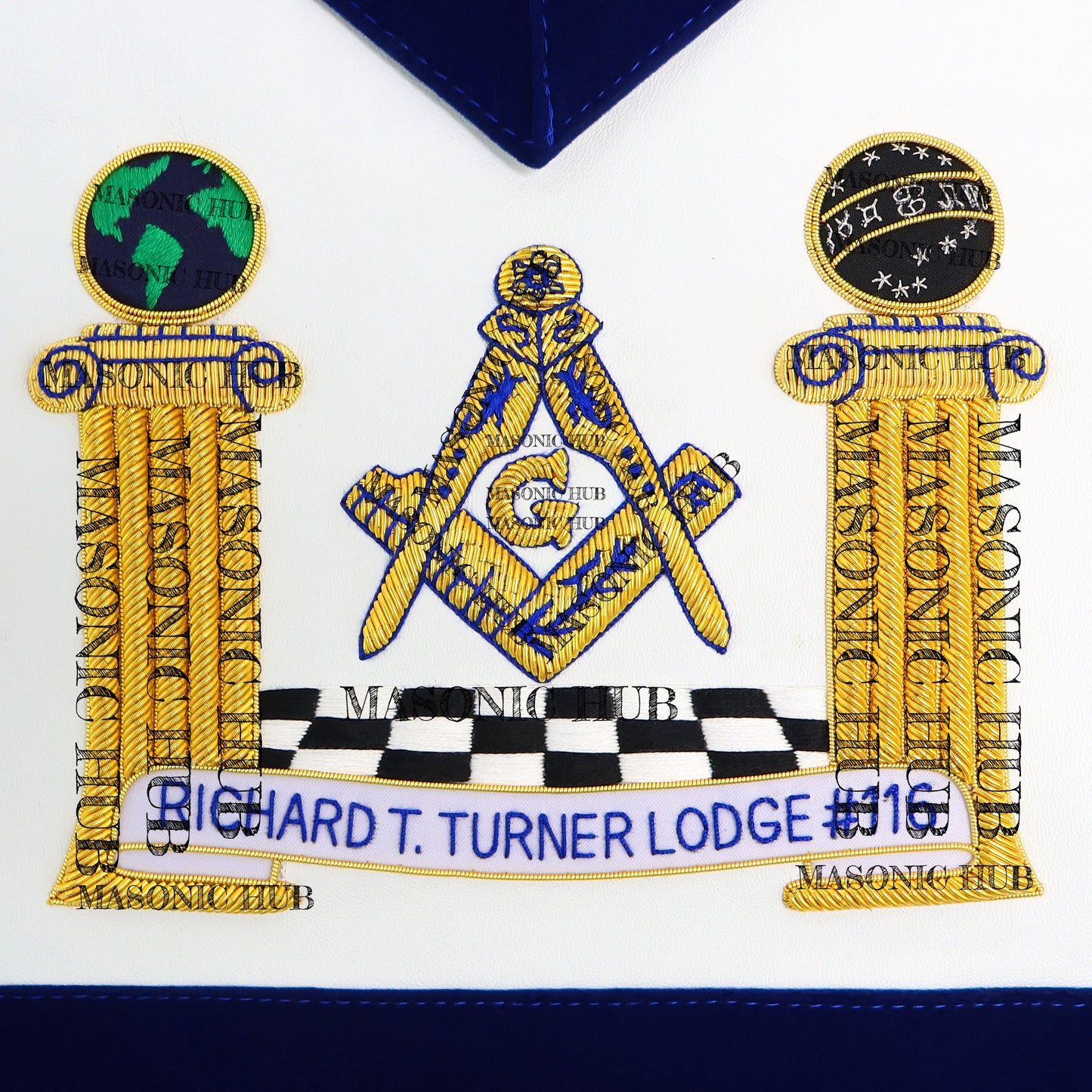 Hand-Embroidered Masonic Master Mason Apron Blue Velvet Trim, Custom Lodge Name