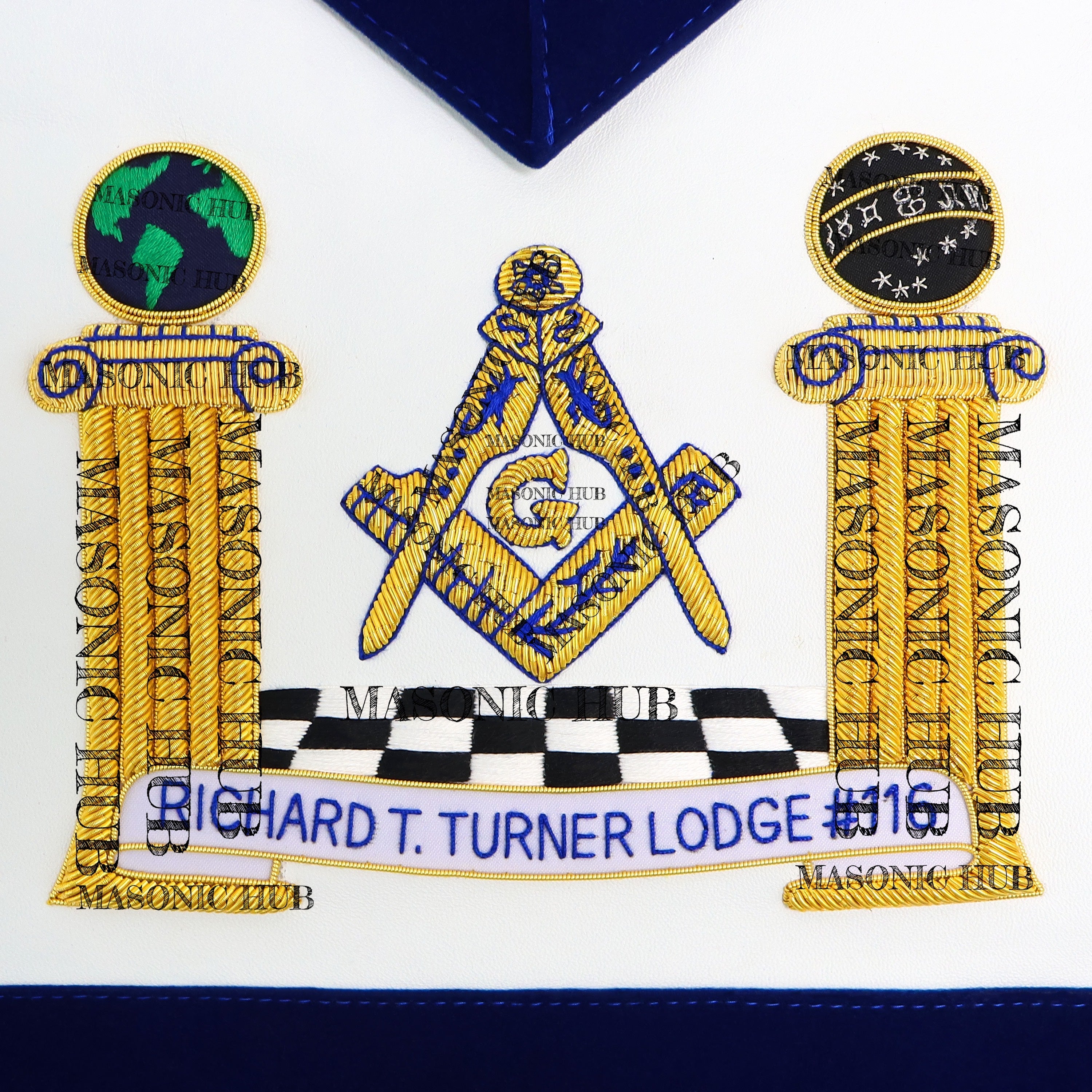 Hand-Embroidered Masonic Master Mason Apron Blue Velvet Trim, Custom Lodge Name My Store