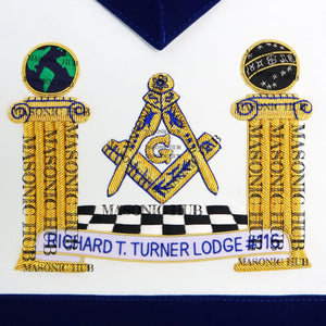 Hand-Embroidered Masonic Master Mason Apron Blue Velvet Trim, Custom Lodge Name My Store