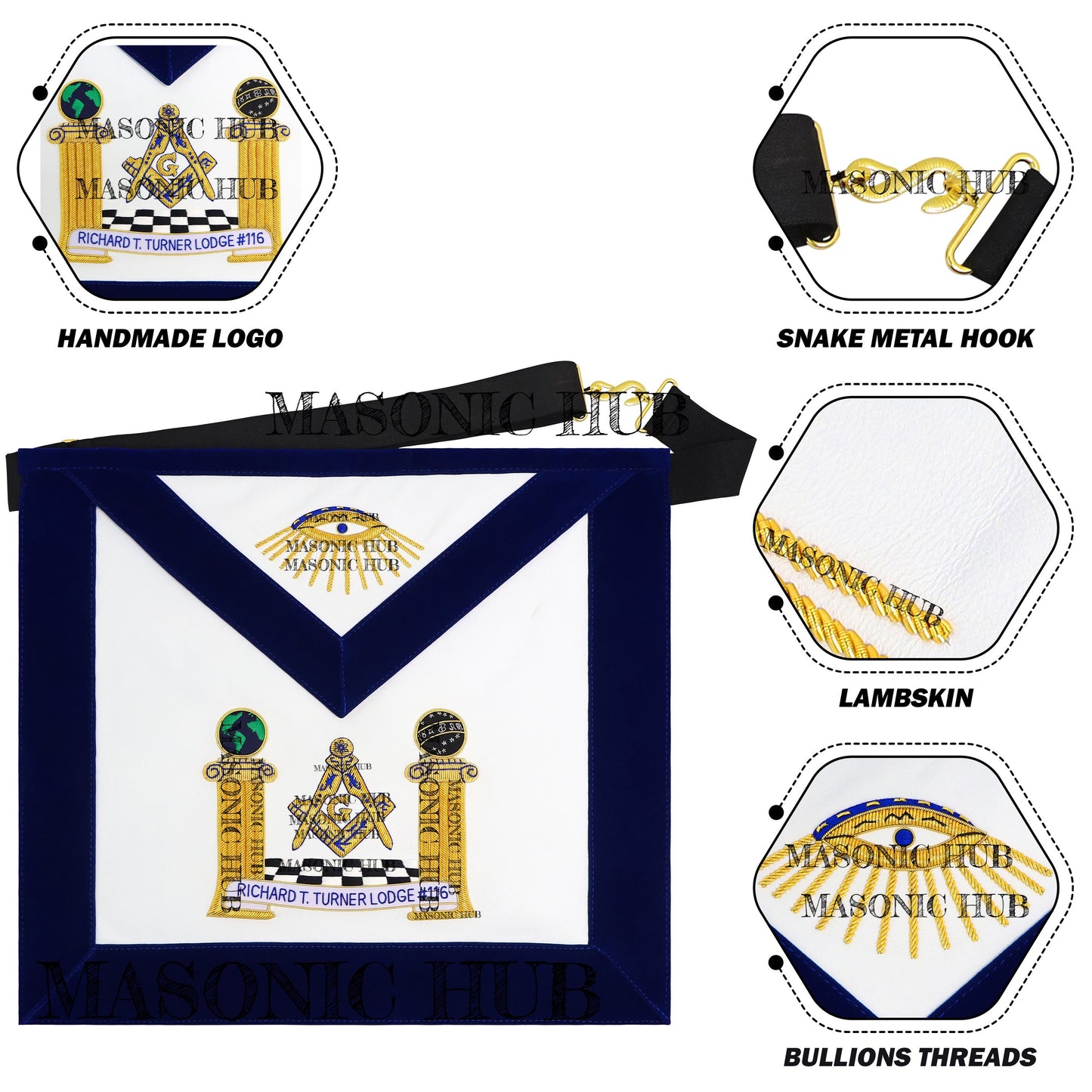 Hand-Embroidered Masonic Master Mason Apron Blue Velvet Trim, Custom Lodge Name