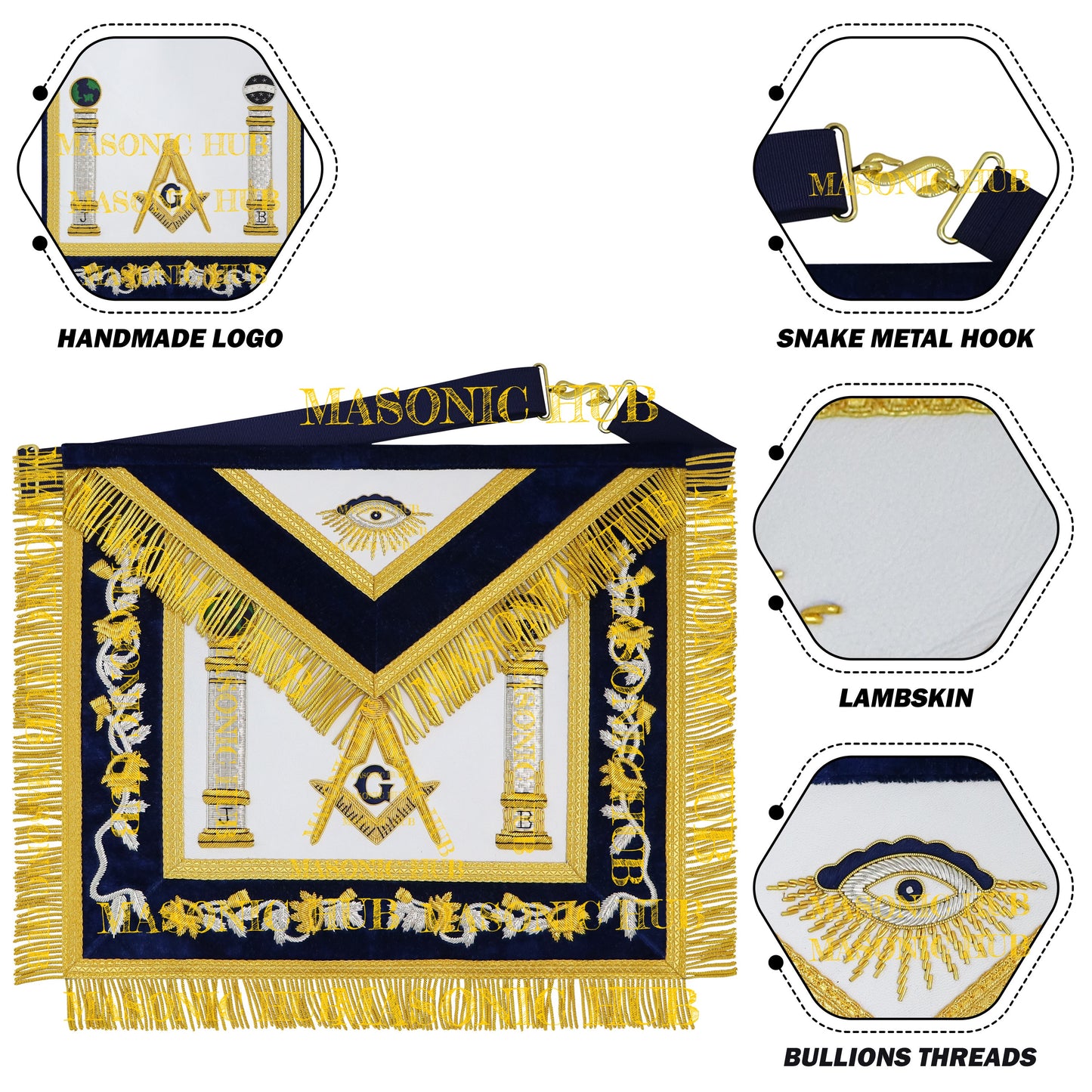 Masonic Master Mason Apron – Hand-Embroidered Navy Blue Velvet