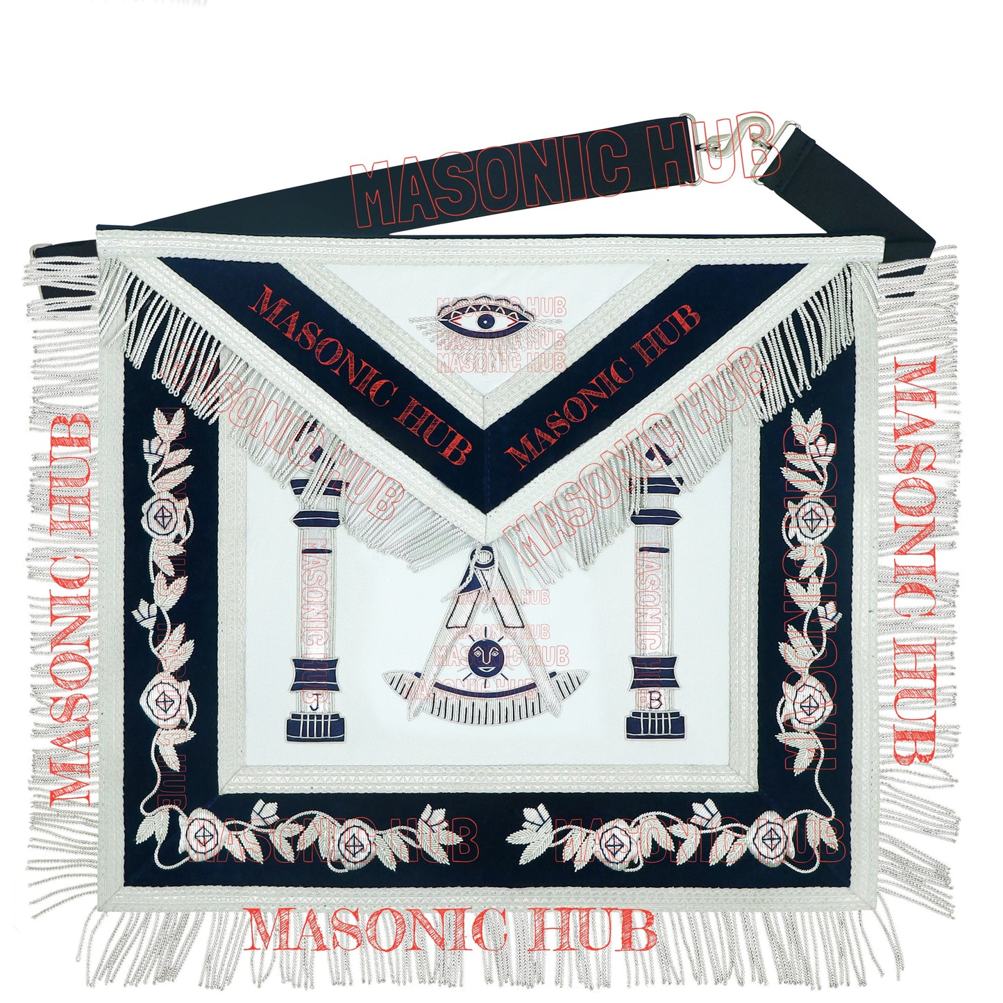 Masonic Past Master Apron Compass and Quadrant Hand-Embroidered Freemason Regalia, Navy Blue Velvet Lambskin Apron