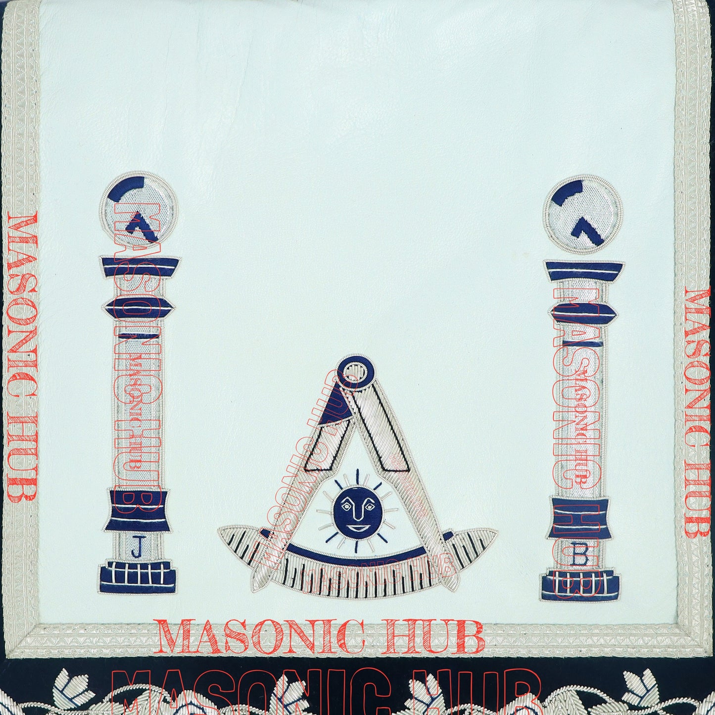 Masonic Past Master Apron Compass and Quadrant Hand-Embroidered Freemason Regalia, Navy Blue Velvet Lambskin Apron
