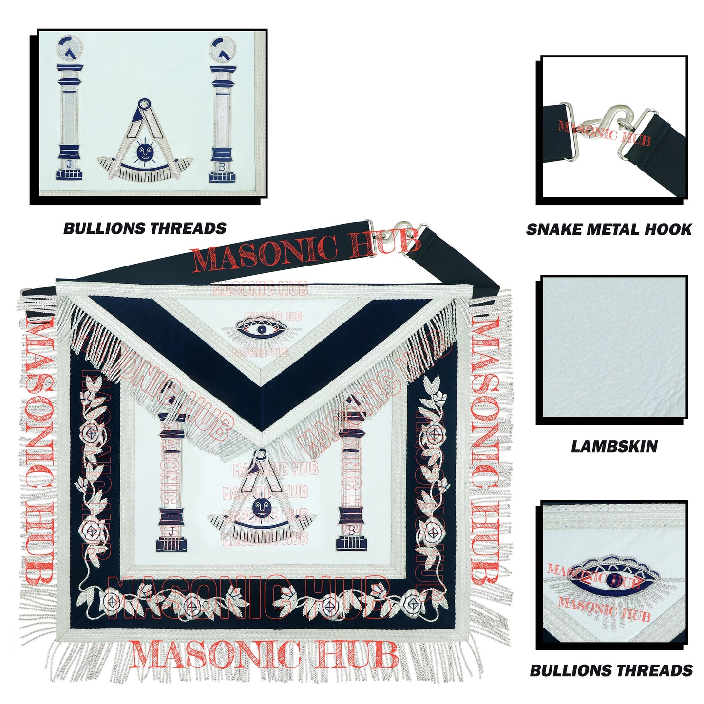 Masonic Past Master Apron Compass and Quadrant Hand-Embroidered Freemason Regalia, Navy Blue Velvet Lambskin Apron
