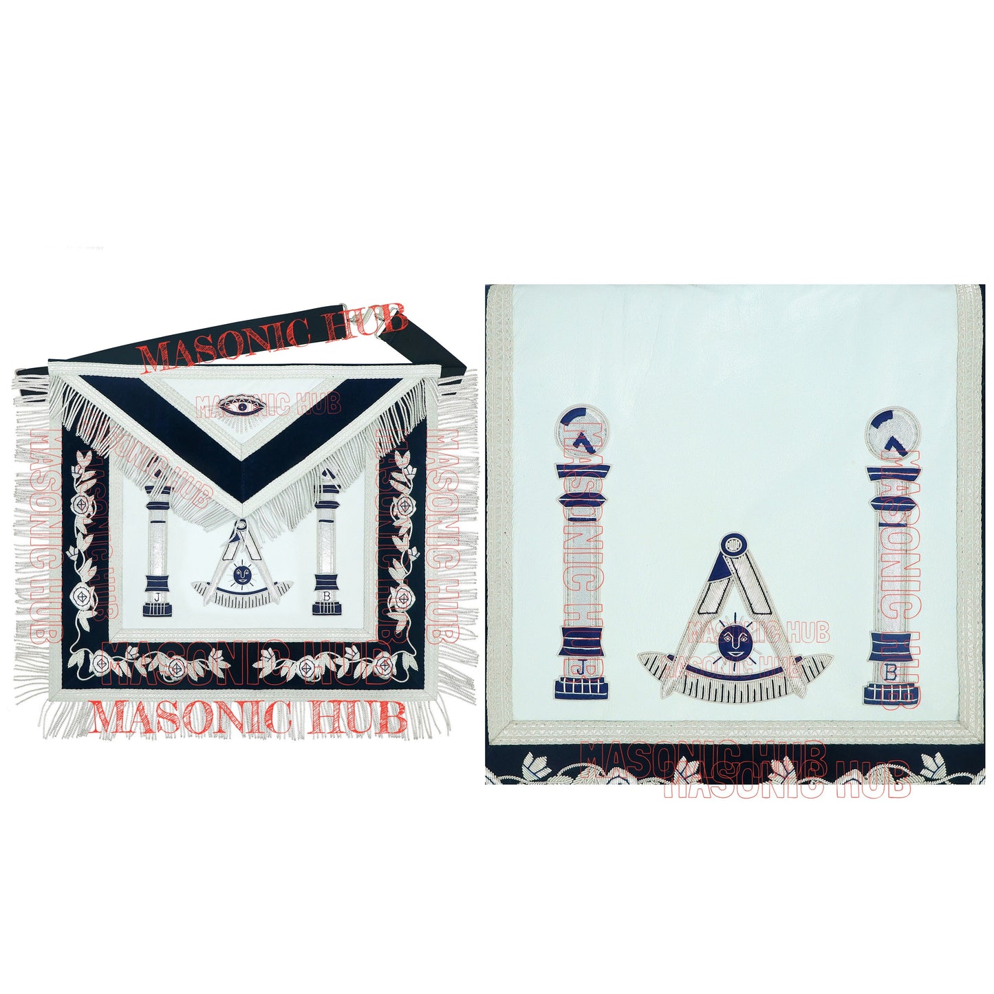 Masonic Past Master Apron Compass and Quadrant Hand-Embroidered Freemason Regalia, Navy Blue Velvet Lambskin Apron