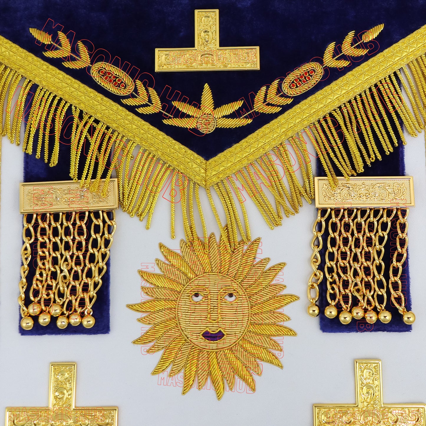 Masonic Past Master Apron & Chain Collar Set - Sun Emblem - Wine Work - Hand-Embroidered Lambskin - Purple Velvet - Freemason Regalia
