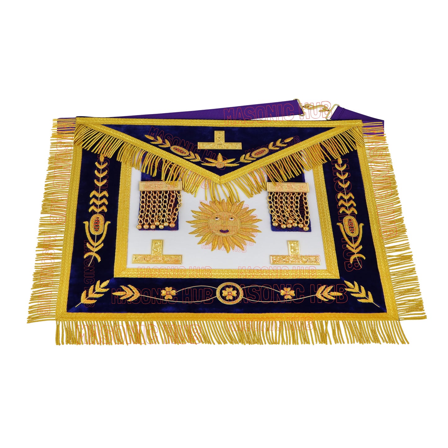 Masonic Past Master Apron & Chain Collar Set - Sun Emblem - Wine Work - Hand-Embroidered Lambskin - Purple Velvet - Freemason Regalia