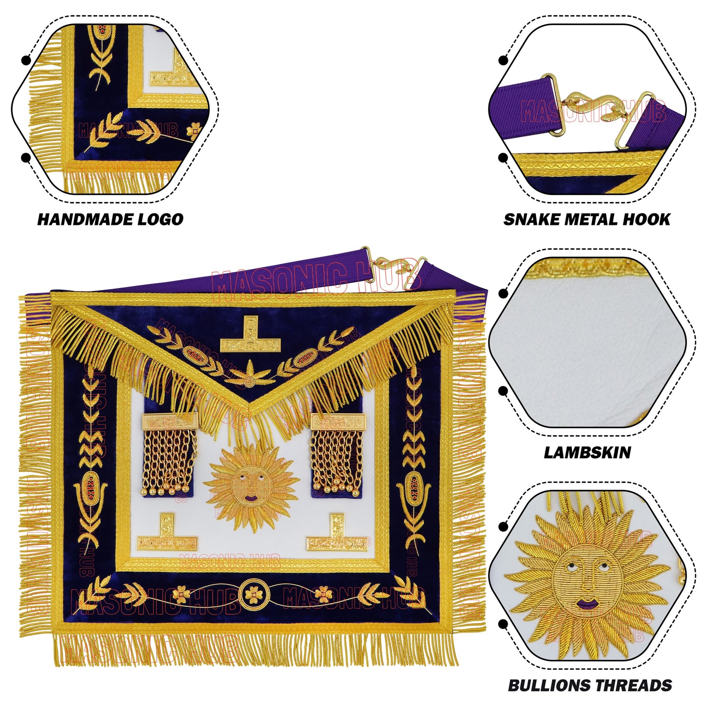 Masonic Past Master Apron & Chain Collar Set - Sun Emblem - Wine Work - Hand-Embroidered Lambskin - Purple Velvet - Freemason Regalia