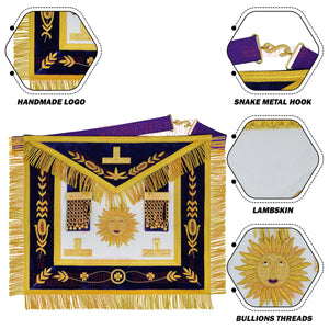 Masonic Past Master Apron & Chain Collar Set - Sun Emblem - Wine Work - Hand-Embroidered Lambskin - Purple Velvet - Freemason Regalia Masonic Hub