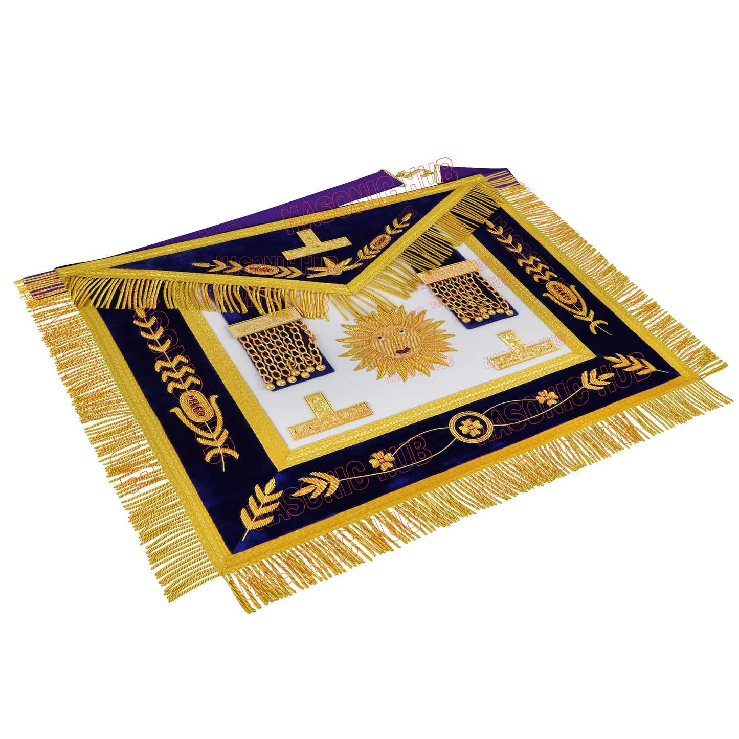 Masonic Past Master Apron & Chain Collar Set - Sun Emblem - Wine Work - Hand-Embroidered Lambskin - Purple Velvet - Freemason Regalia