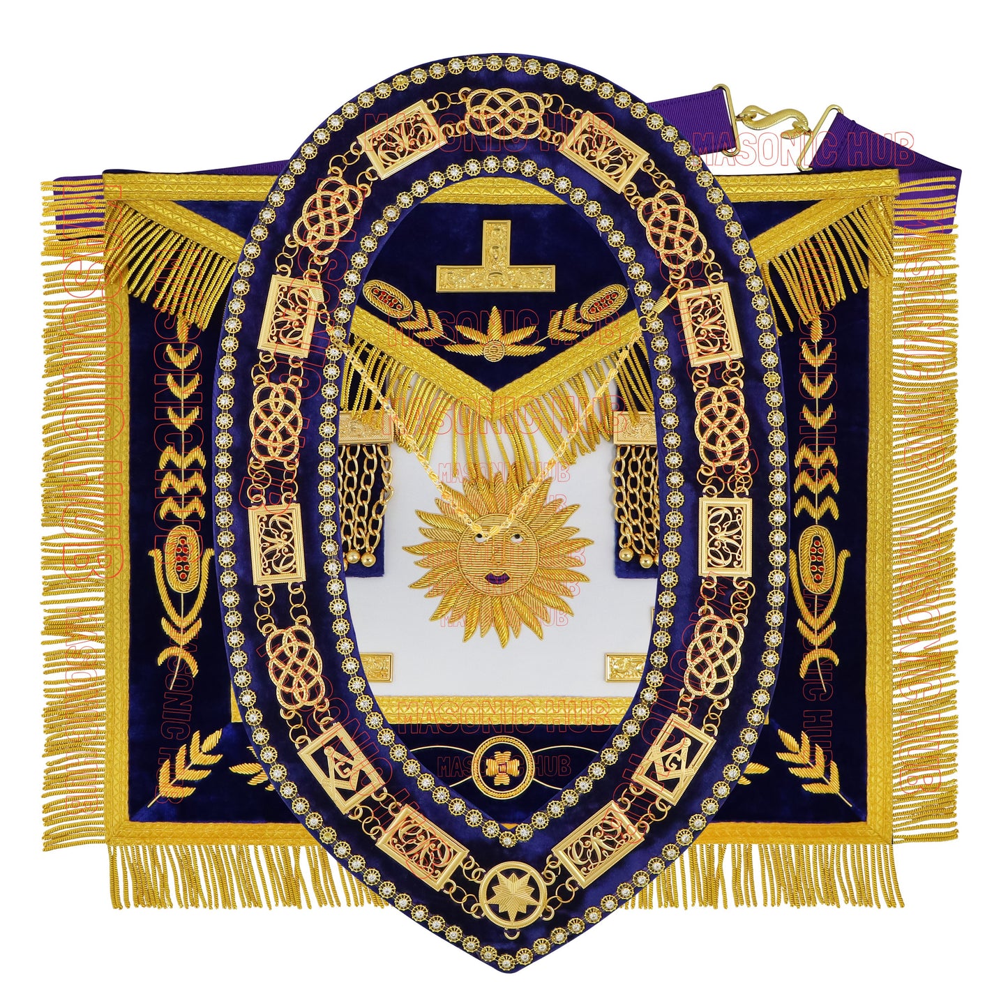 Masonic Past Master Apron & Chain Collar Set - Sun Emblem - Wine Work - Hand-Embroidered Lambskin - Purple Velvet - Freemason Regalia