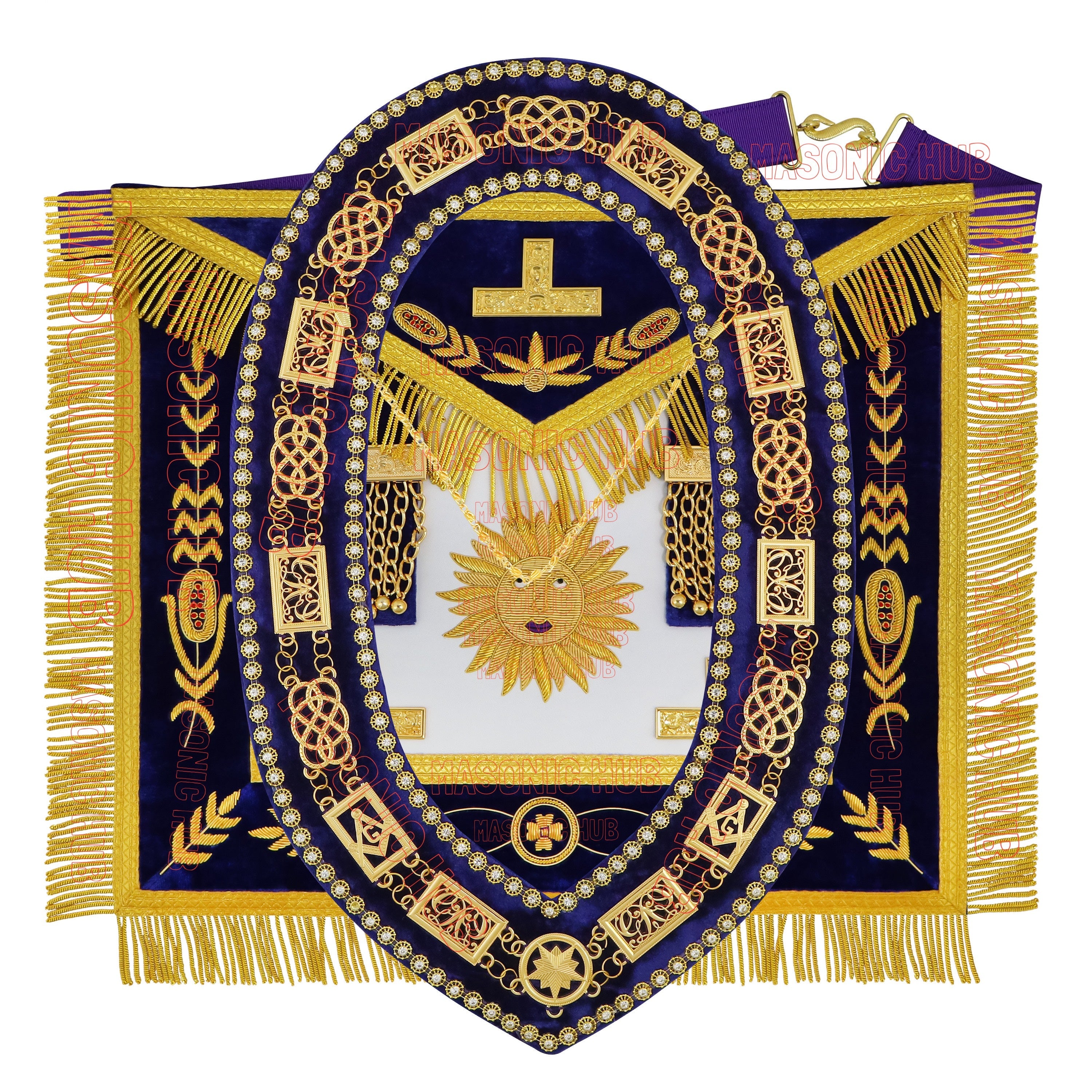 Masonic Past Master Apron & Chain Collar Set - Sun Emblem - Wine Work - Hand-Embroidered Lambskin - Purple Velvet - Freemason Regalia Masonic Hub