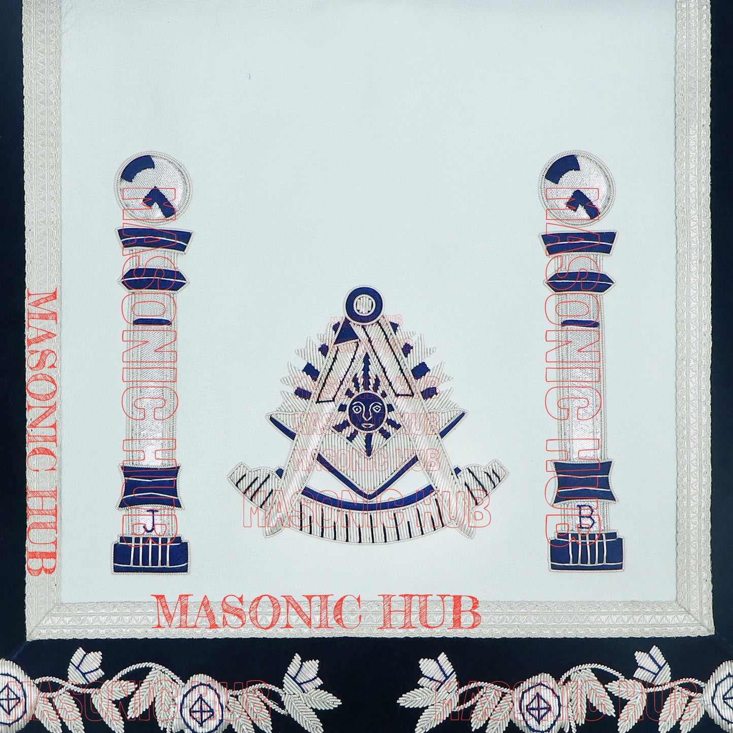 Masonic Past Master Lambskin Leather Apron - Hand Embroidered Freemason Regalia - Navy Blue Velvet