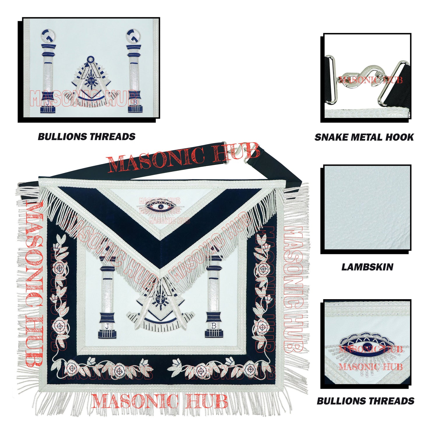 Masonic Past Master Lambskin Leather Apron - Hand Embroidered Freemason Regalia