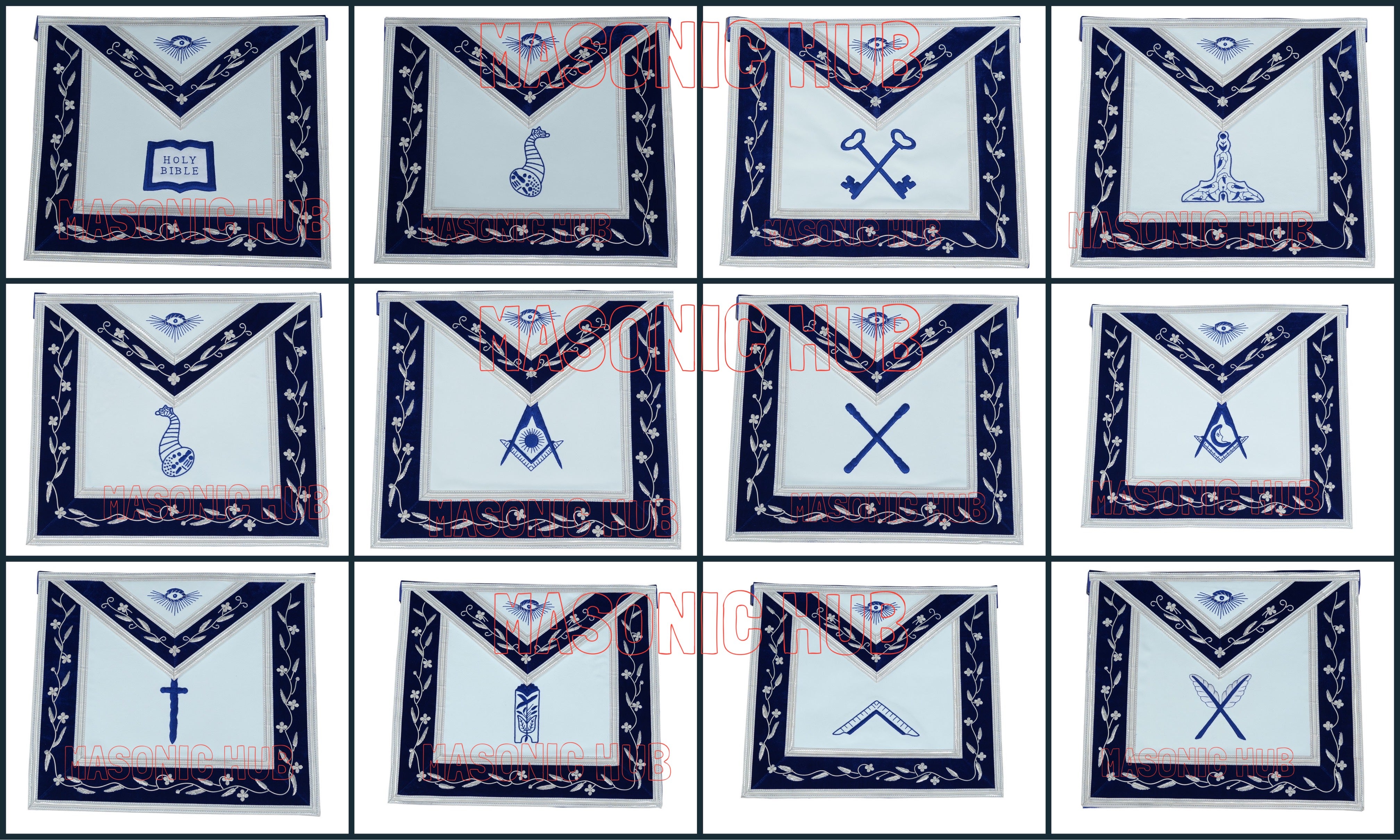 Masonic Blue Lodge Officer Apron Set – 12 Piece 100% Lambskin Regalia with Embroidered Border