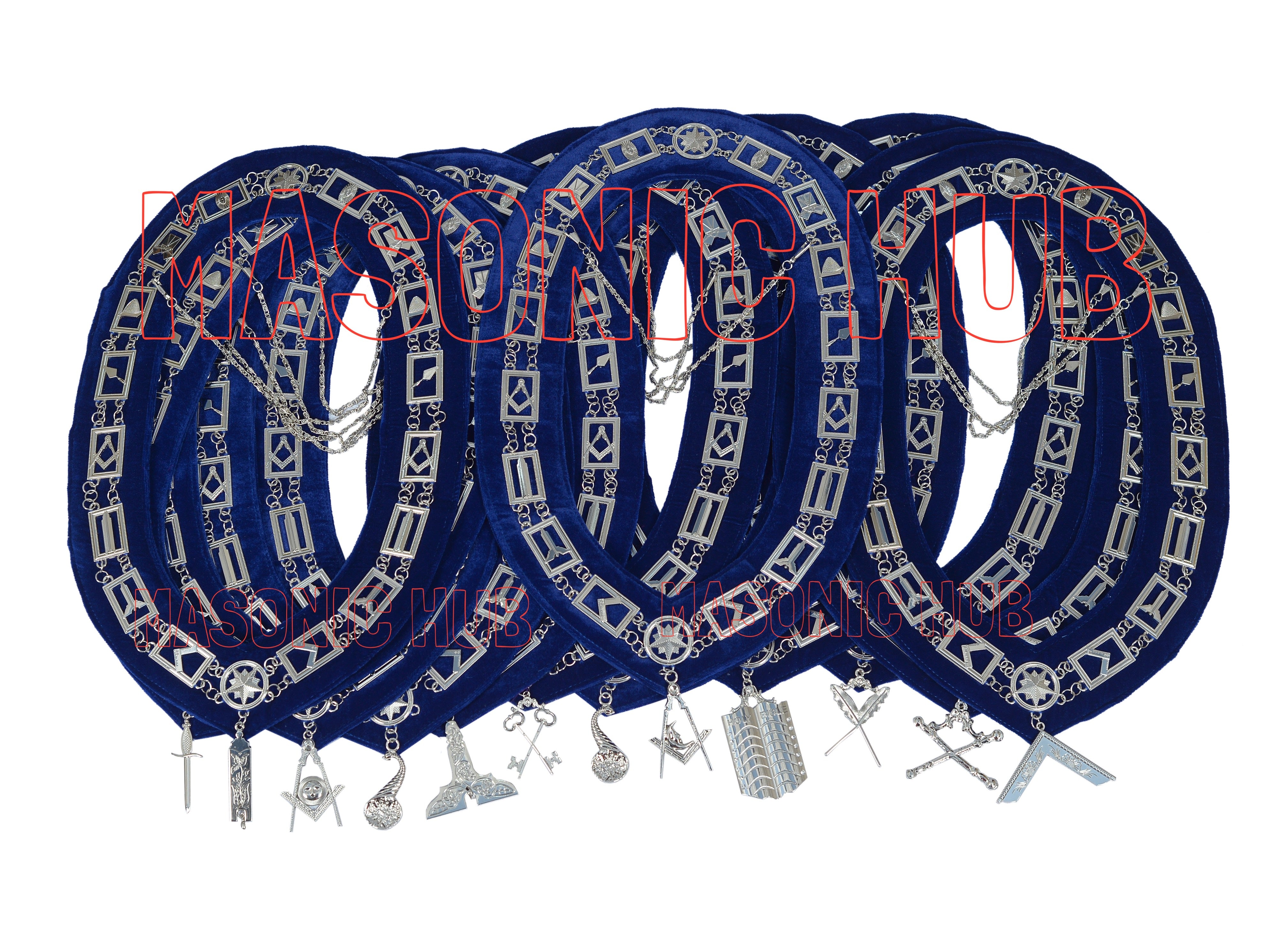 Masonic Blue Lodge Officer Working Tools Set (12) – Chain Collars + FREE Jewels – Complete Regalia Lot