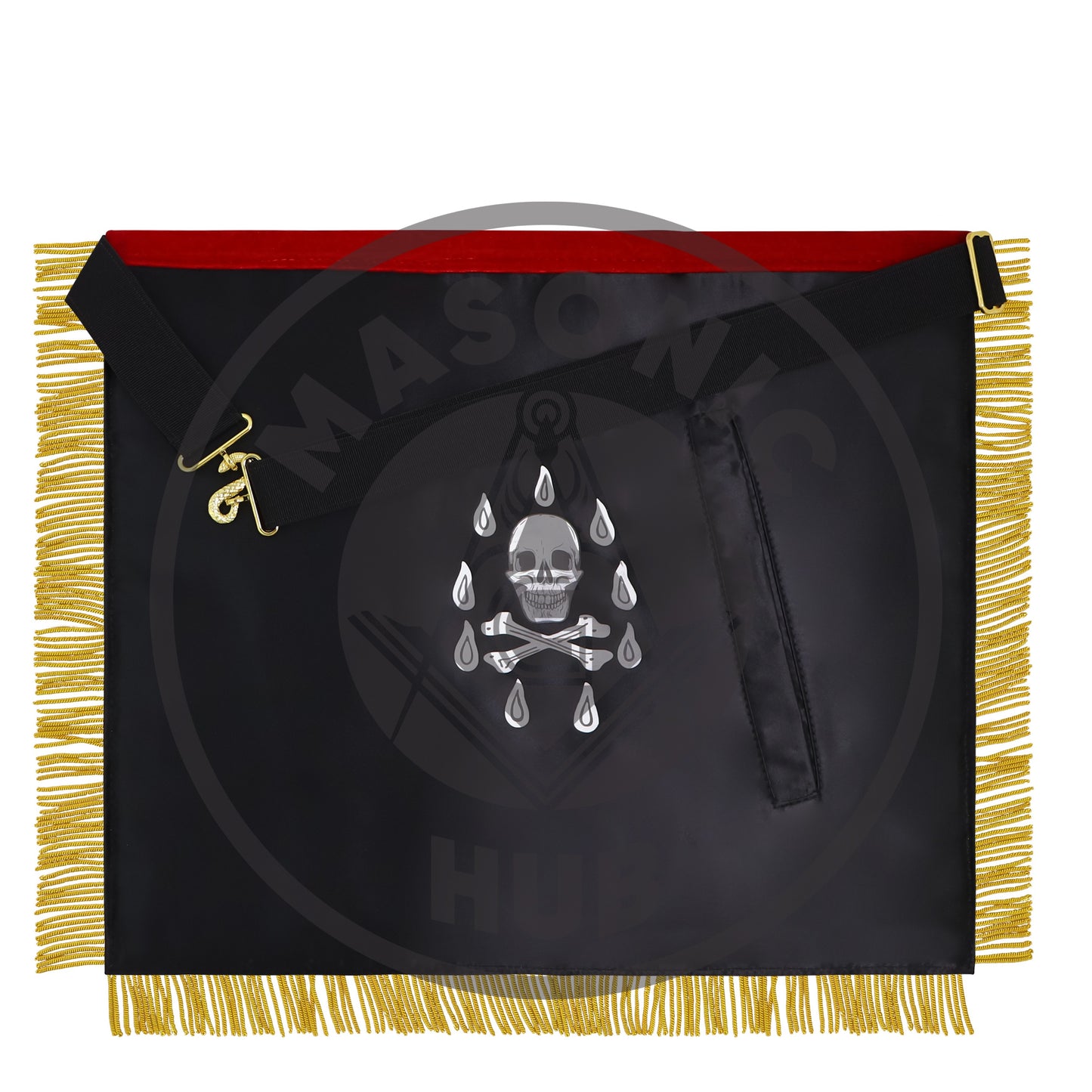 Past Master Scottish Rite Apron – Red Velvet with Gold Bullion Embroidery, Gold Tassel with Red Velvet Drops Skull Lining