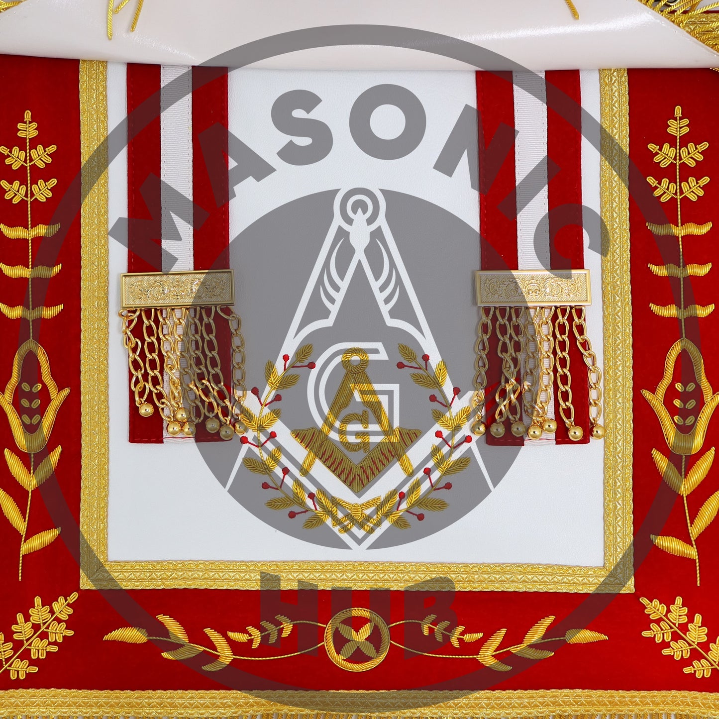 Master Mason Scottish Rite Apron – Red Velvet with Gold Bullion Embroidery, Gold Tassel with Red-White-Red Velvet Drops & Skull Lining | Masonic Hub