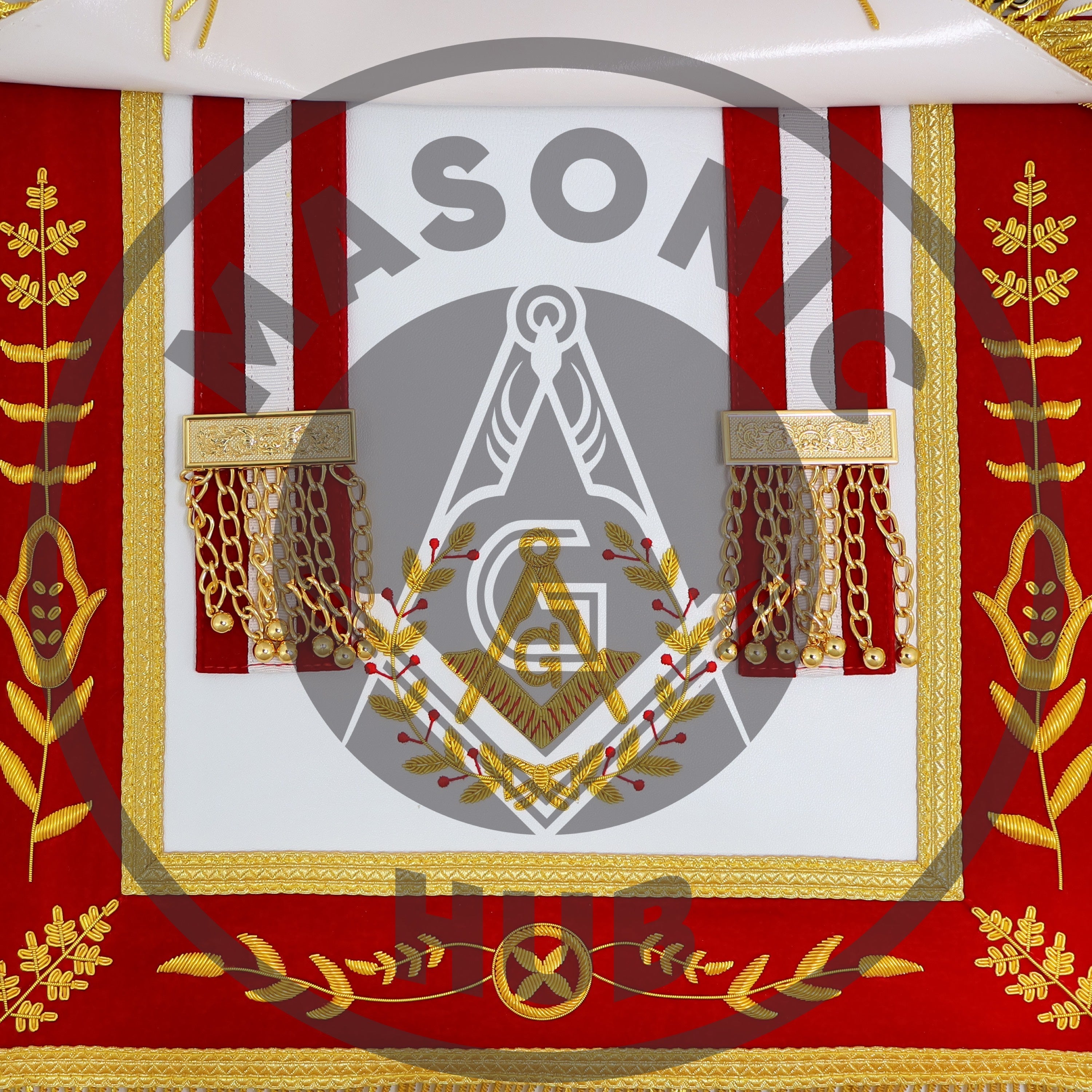 Master Mason Scottish Rite Apron – Red Velvet with Gold Bullion Embroidery, Gold Tassel with Red-White-Red Velvet Drops & Skull Lining | Masonic Hub Masonic Hub