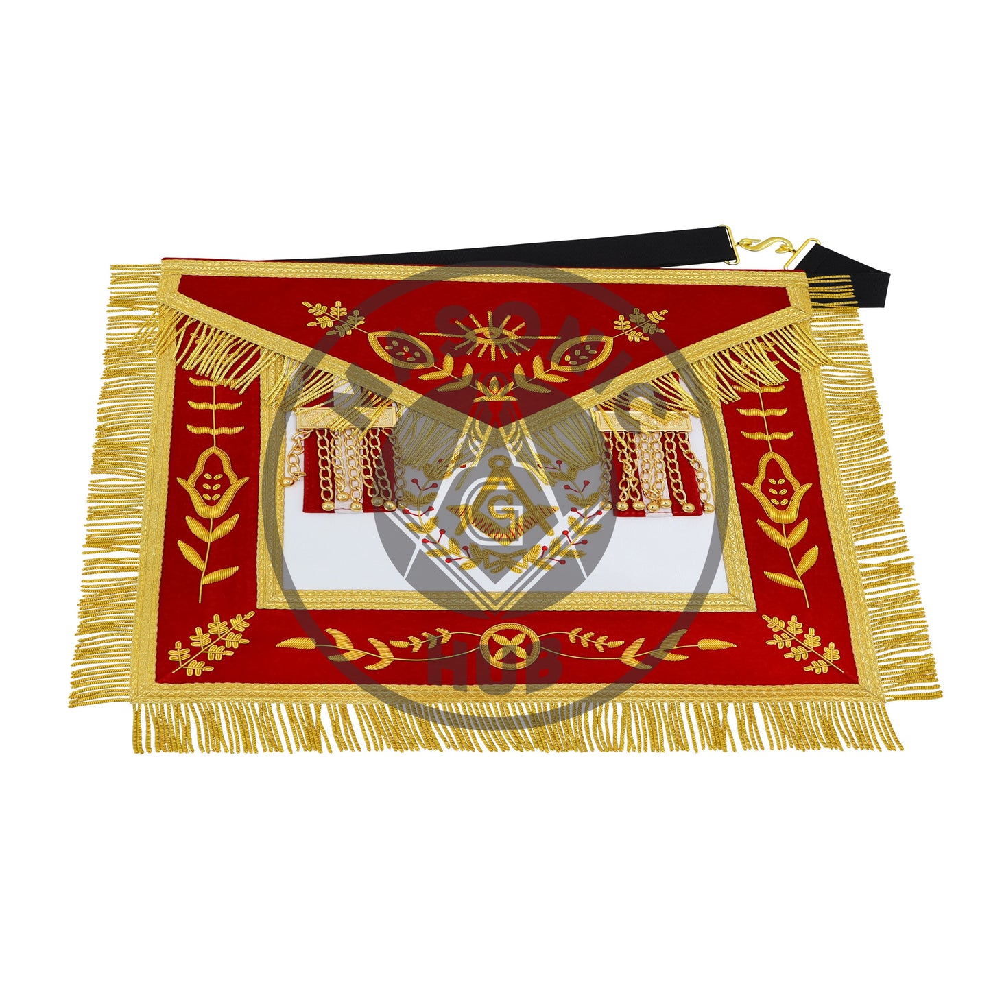 Master Mason Scottish Rite Apron – Red Velvet with Gold Bullion Embroidery, Gold Tassel with Red-White-Red Velvet Drops & Skull Lining | Masonic Hub