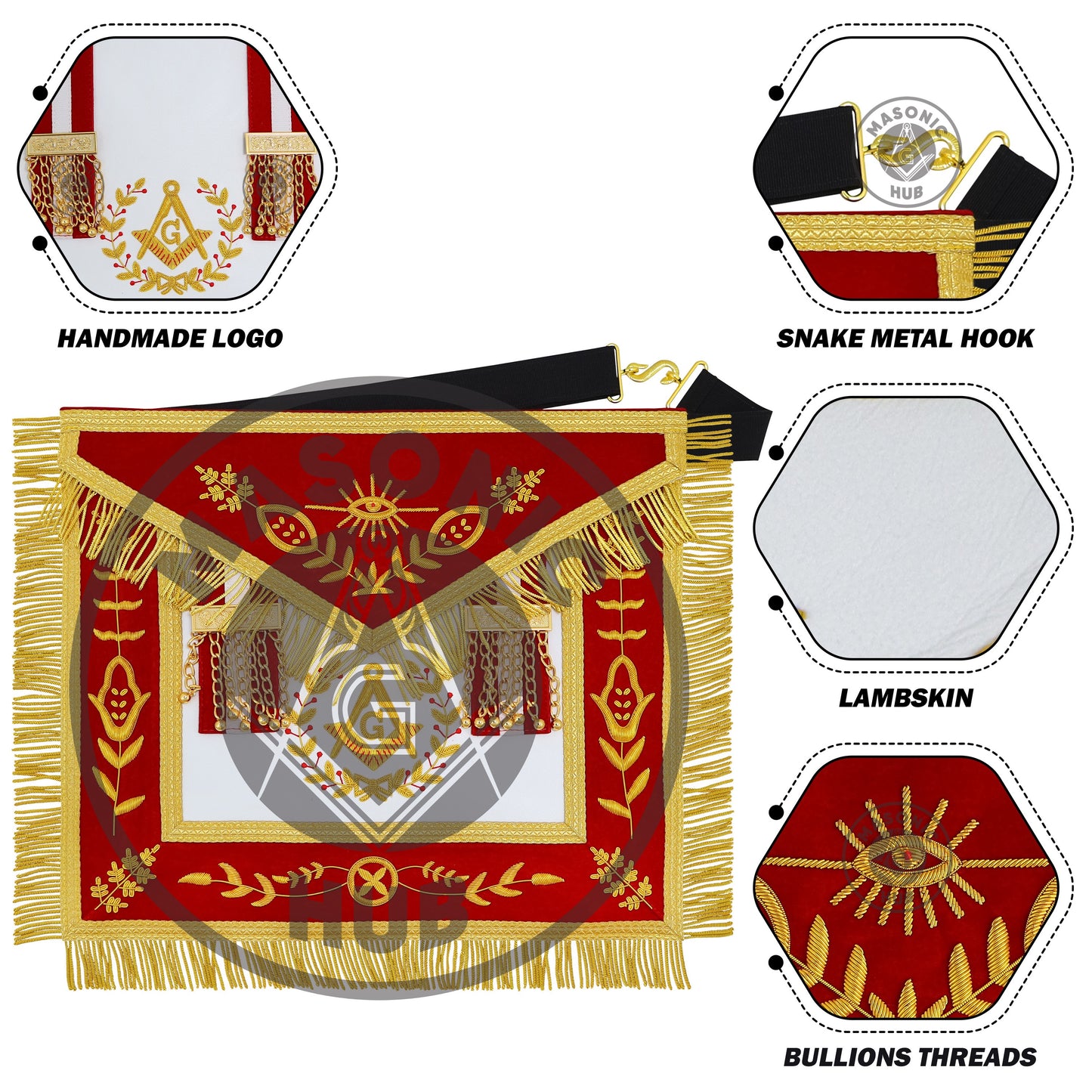 Master Mason Scottish Rite Apron – Red Velvet with Gold Bullion Embroidery, Gold Tassel with Red-White-Red Velvet Drops & Skull Lining | Masonic Hub