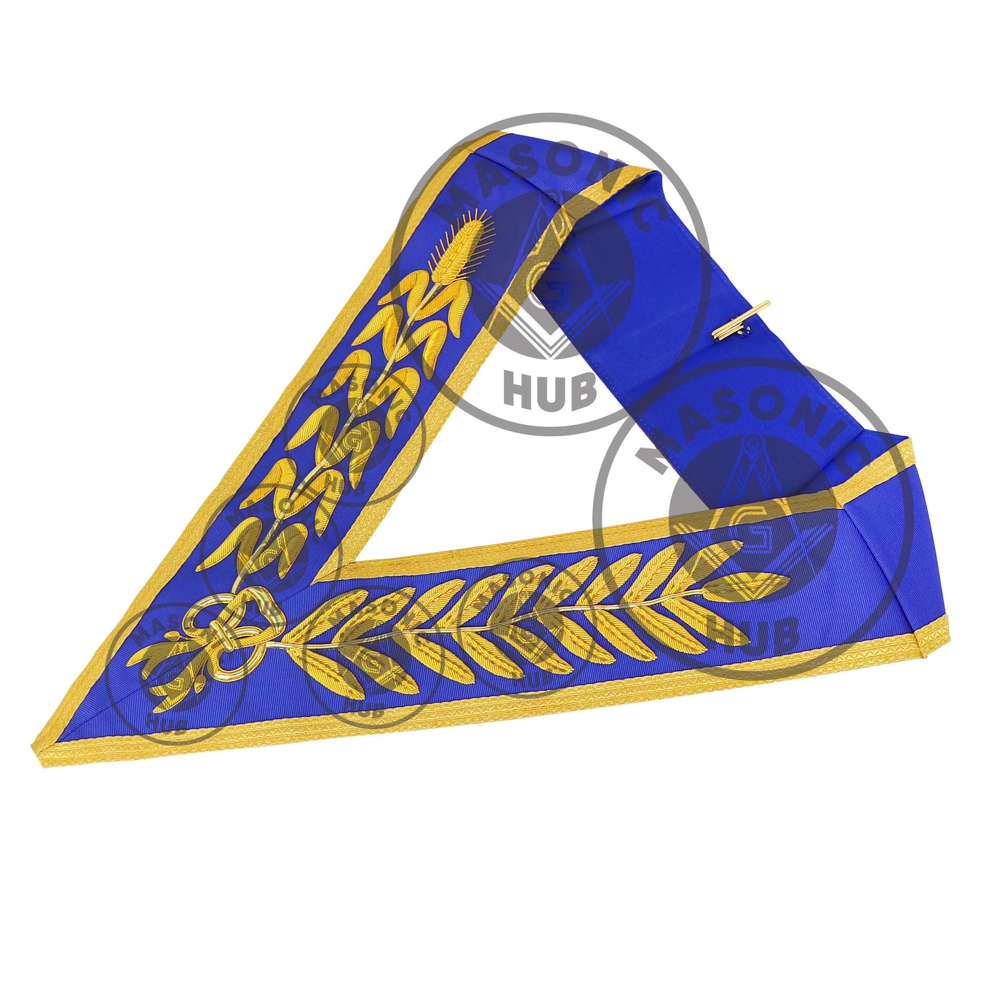 Masonic Grand Officer Full Dress Collar – Hand-Embroidered Gold Bullion on Royal Blue with Wheat and Laurel Design | Masonic Hub