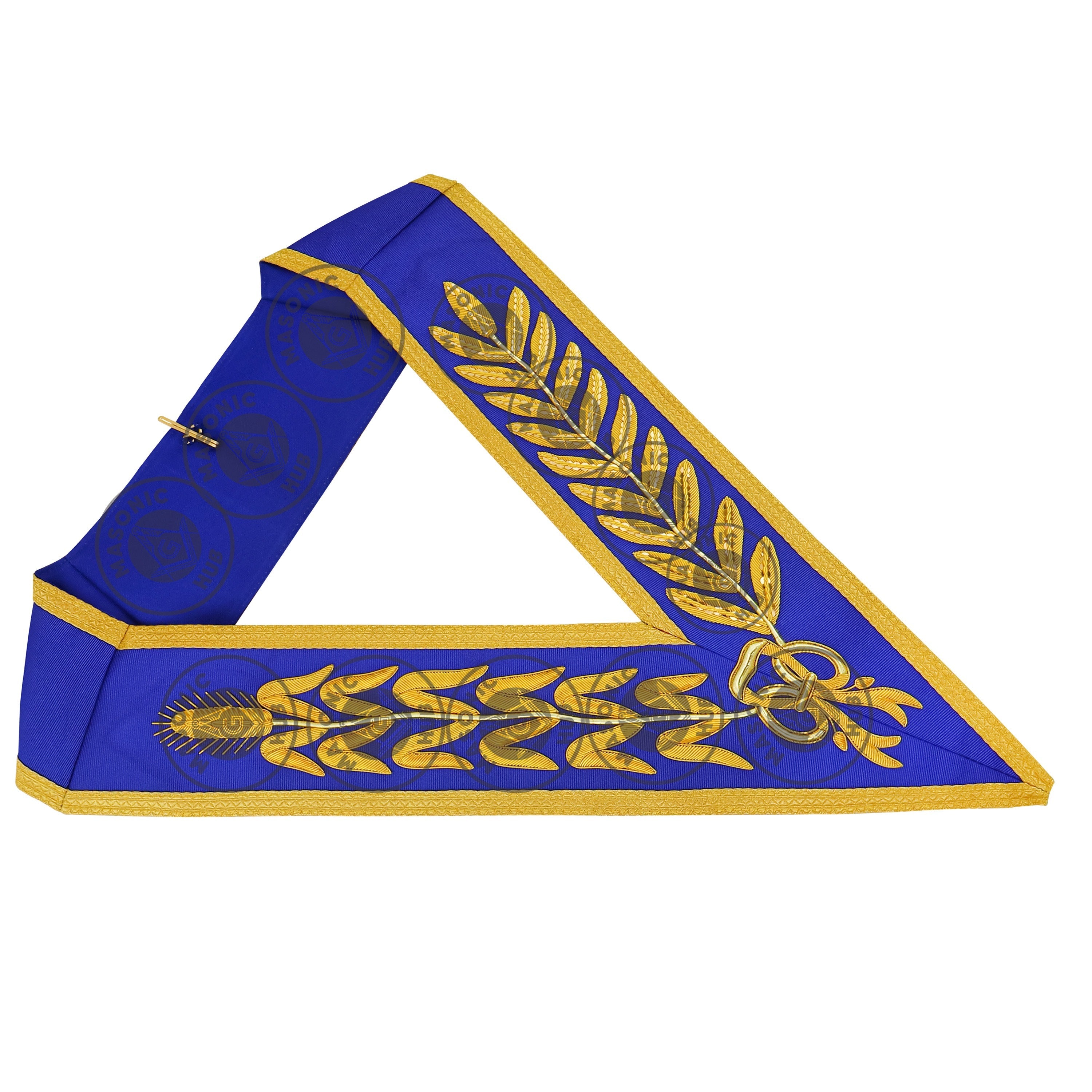 Masonic Grand Officer Full Dress Collar – Hand-Embroidered Gold Bullion on Royal Blue with Wheat and Laurel Design | Masonic Hub Masonic Hub