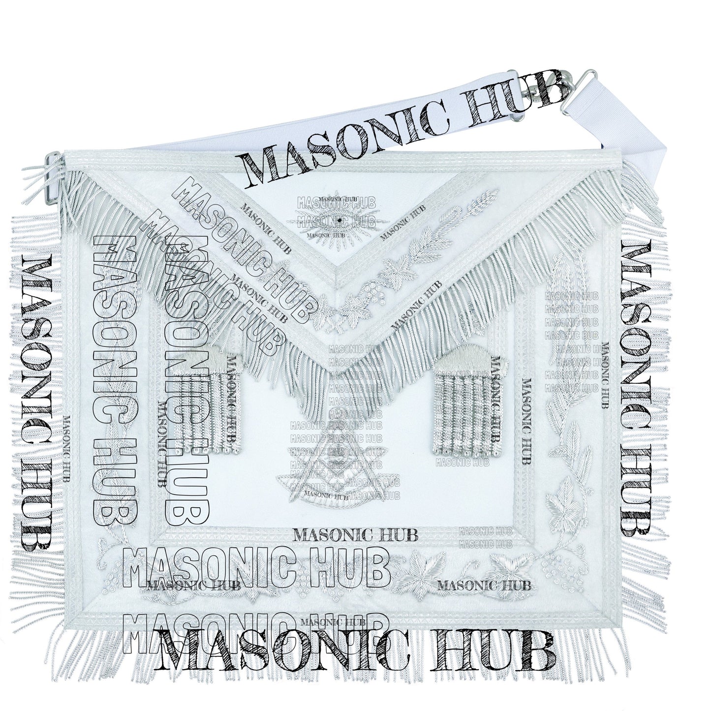 White Lambskin Masonic Past Master Apron Grapes & Veil Edge + Chain Collar Jewel