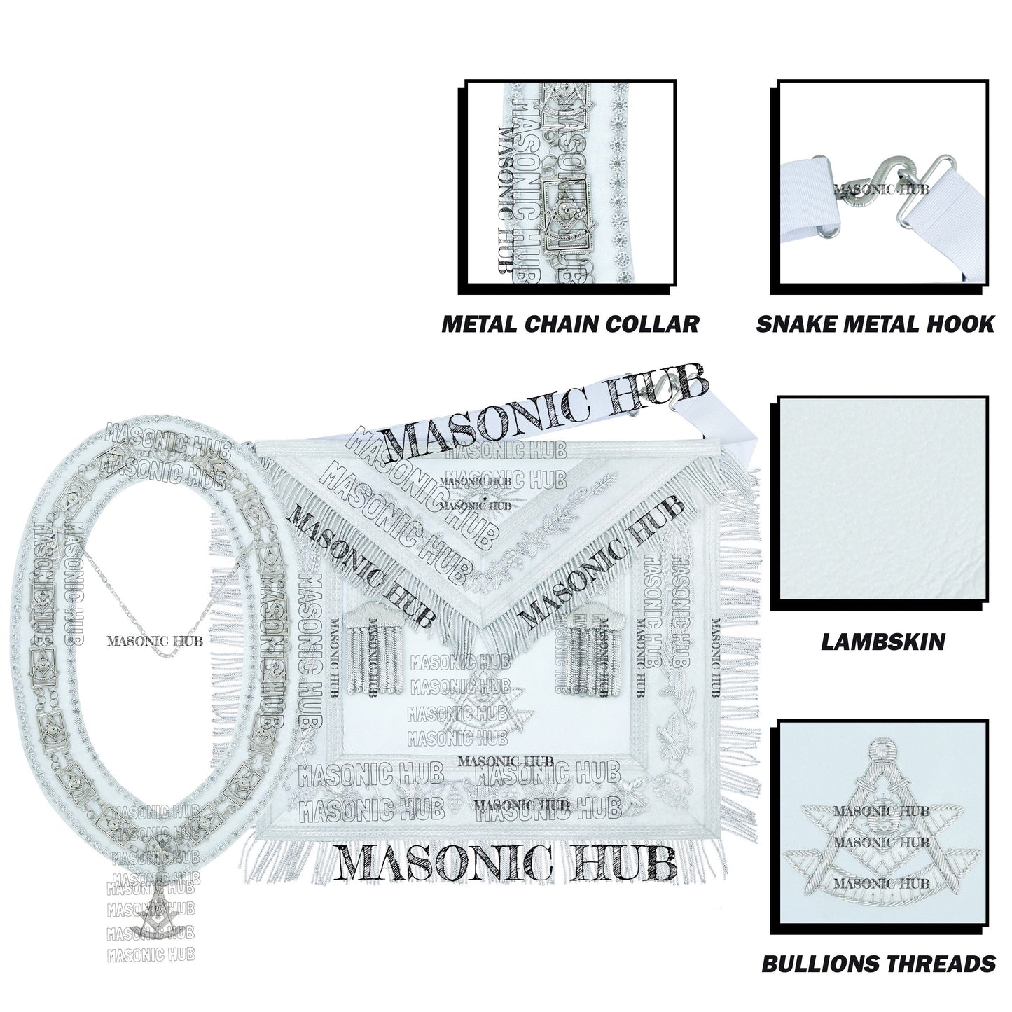 White Lambskin Masonic Past Master Apron Grapes & Veil Edge + Chain Collar Jewel